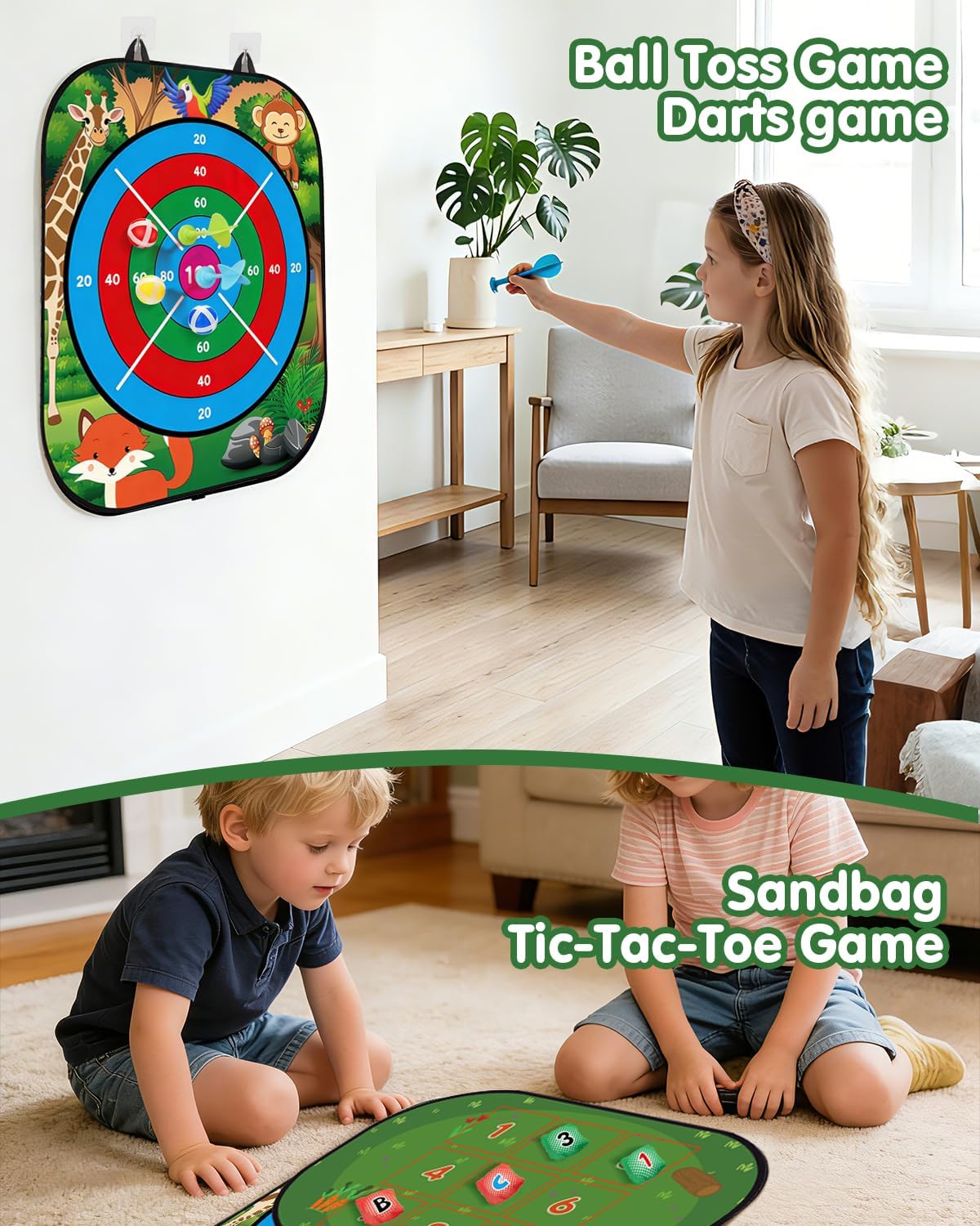 5-in-1 Bean Bag Toss Game for Kids Ages 3-8, Outdoor Cornhole Set with 3 Interchangeable Boards (Toss/Dart/Tic-Tac-Toe), Includes 8 Beanbags 6 Balls/Darts/Rings, Backyard Toys for Boys