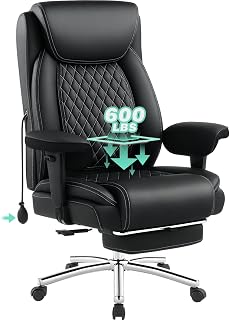 600LBS Big and Tall Office Chair,Reclining Heavy Duty Executive Desk Chair | High Back Computer Chair with Foot Rest,Extra Wide Pocket Spring Cushion,Class 4 Gas Lift,Metal Base