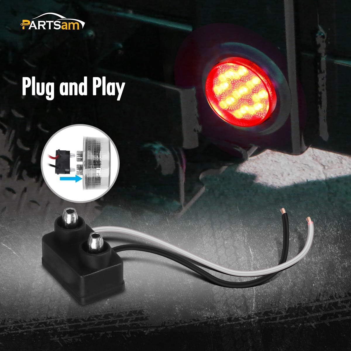 Partsam 4Pcs 2" Round LED Trailer Marker Lights, 9 Diodes Clear Lens w/Reflectors, Amber & Red, Waterproof, DOT Approved