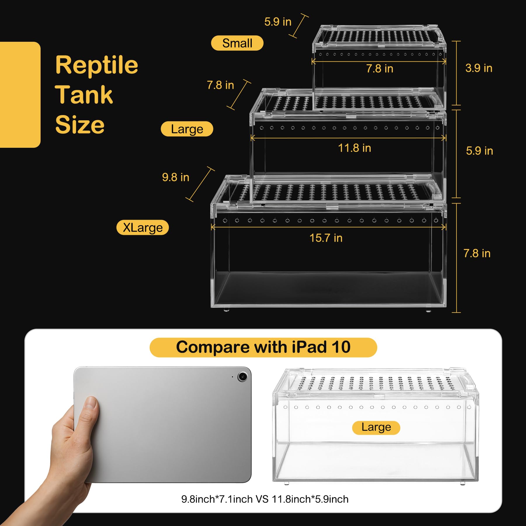 Kit de iniciación de terrario para reptiles, caja de alimentación para lagartos, serpientes, camaleones, arañas saltarinas, 17.72 x 9.84 x 7.87 pulgadas, grande