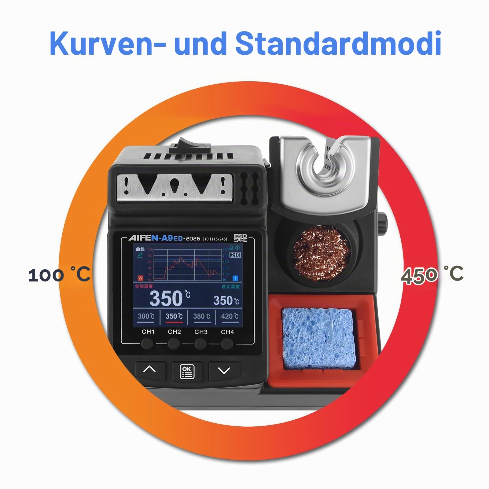 A9ED Lötstation Vollfarb Display Curve Mode Schnellheizung 100°C-450°C Lötstation Lötein mit C210 Griff und 3 Lötspitzen