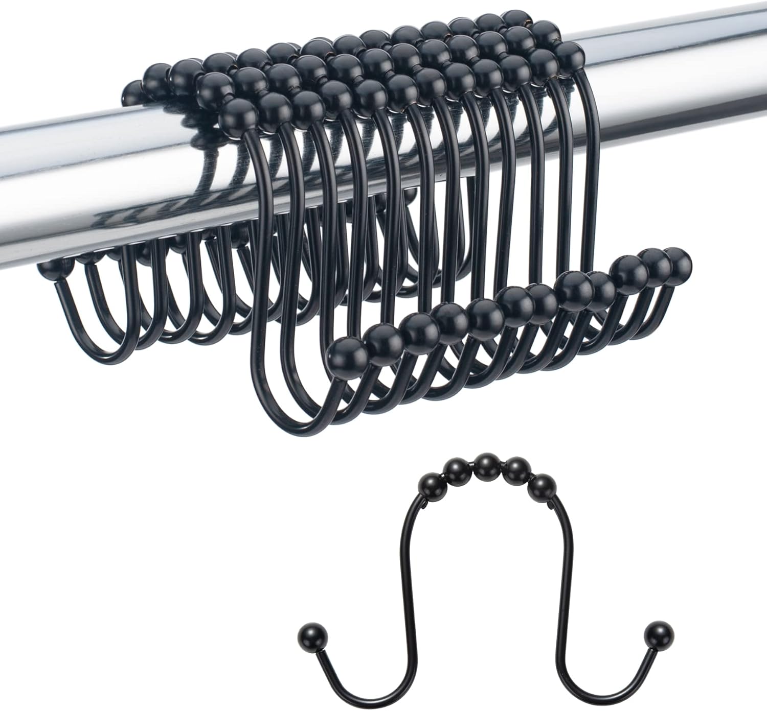 Amazer Black Shower Hooks, Double Hook Shower Curtain Hooks