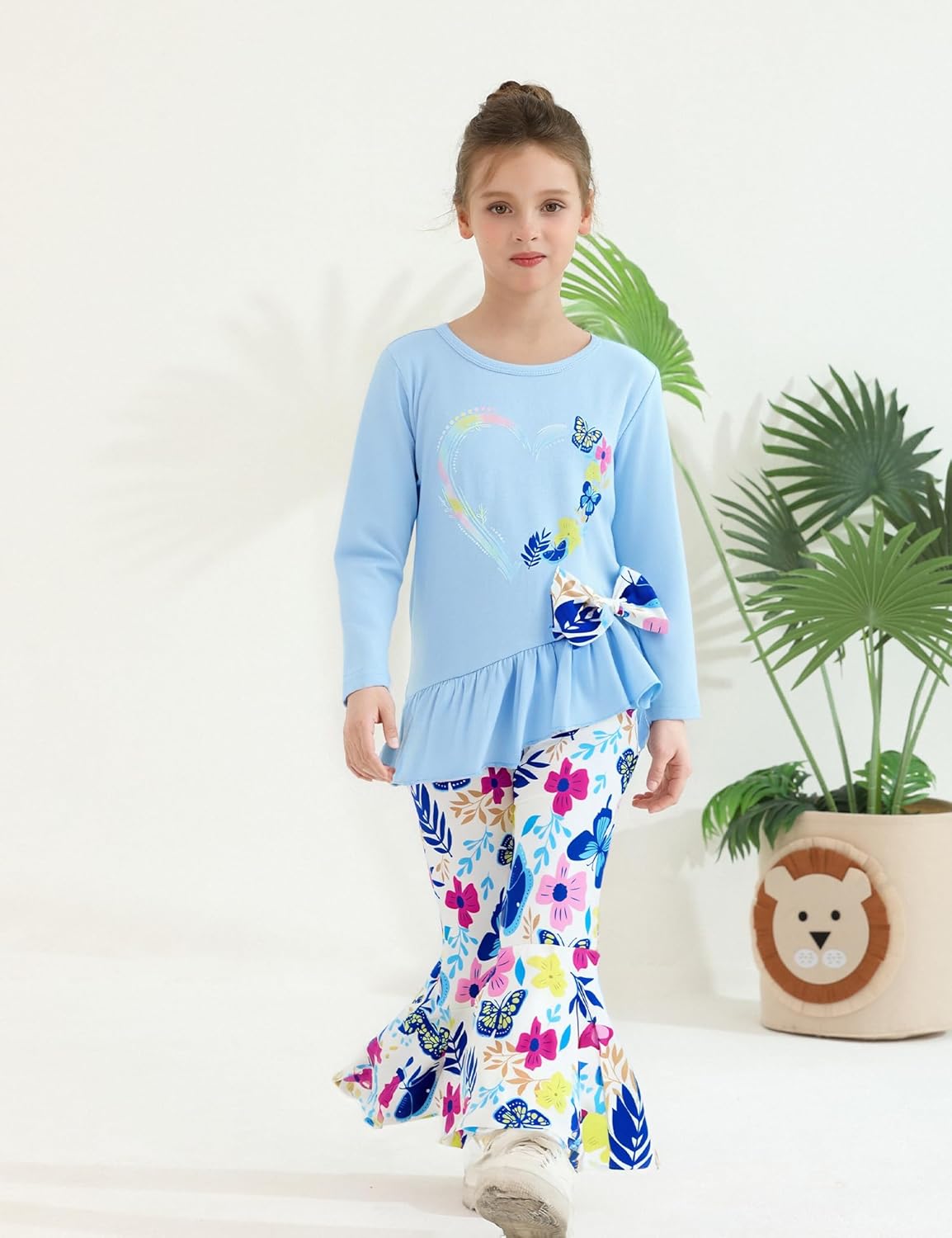 Little Girl Clothes 2-8Years Girls Outfit,Long Sleeve Ruffle Top+Bow ，Flower Flared Pants 2Pcs Fall winter Set Blue 4-5T image 4 of 7 B0FF1D2476