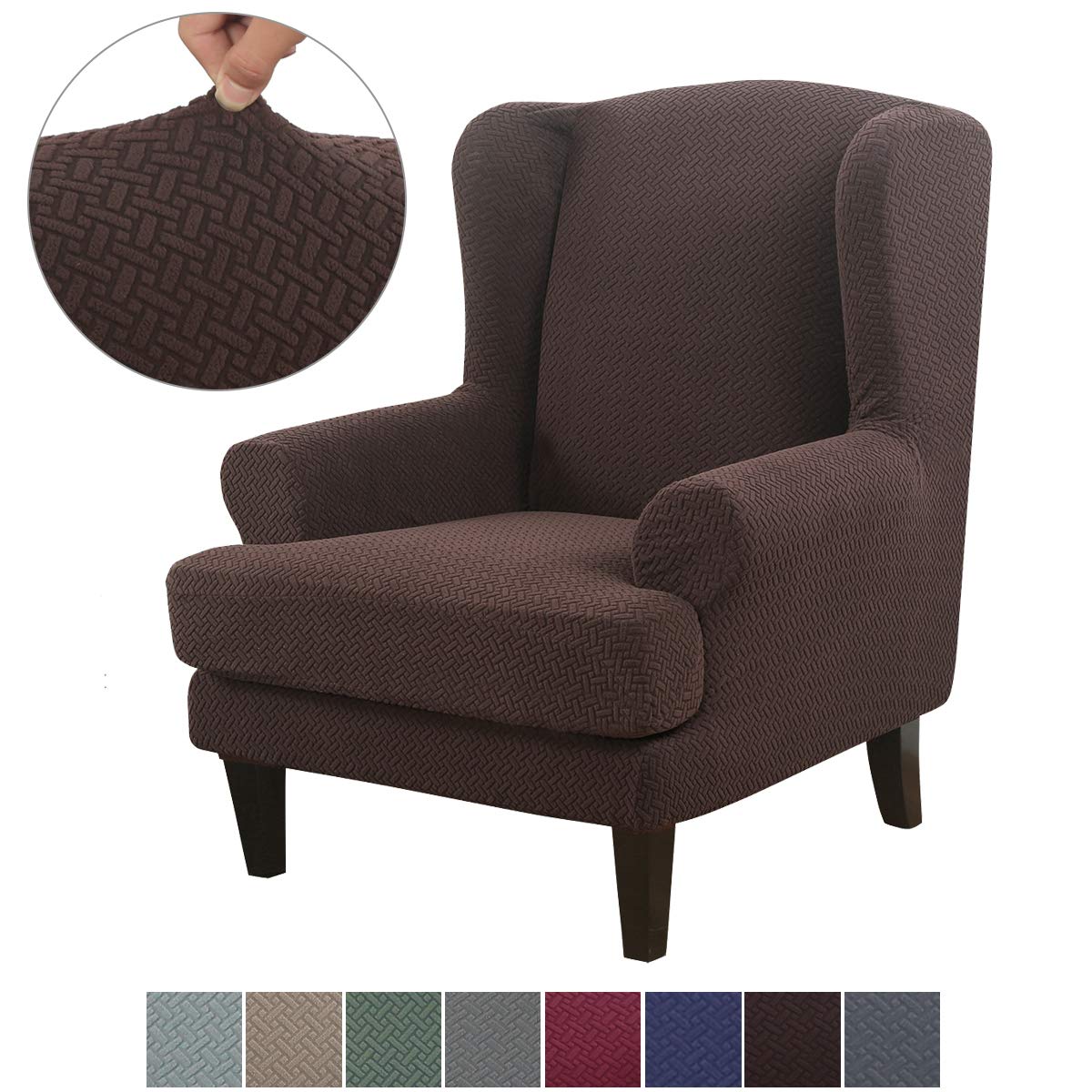 TopchancesPremium Water Repellent Wingback Chair Cover 2-Piece High Stretch Jacquard Fabric Wing Back Chair Slipcovers (coffee colour)