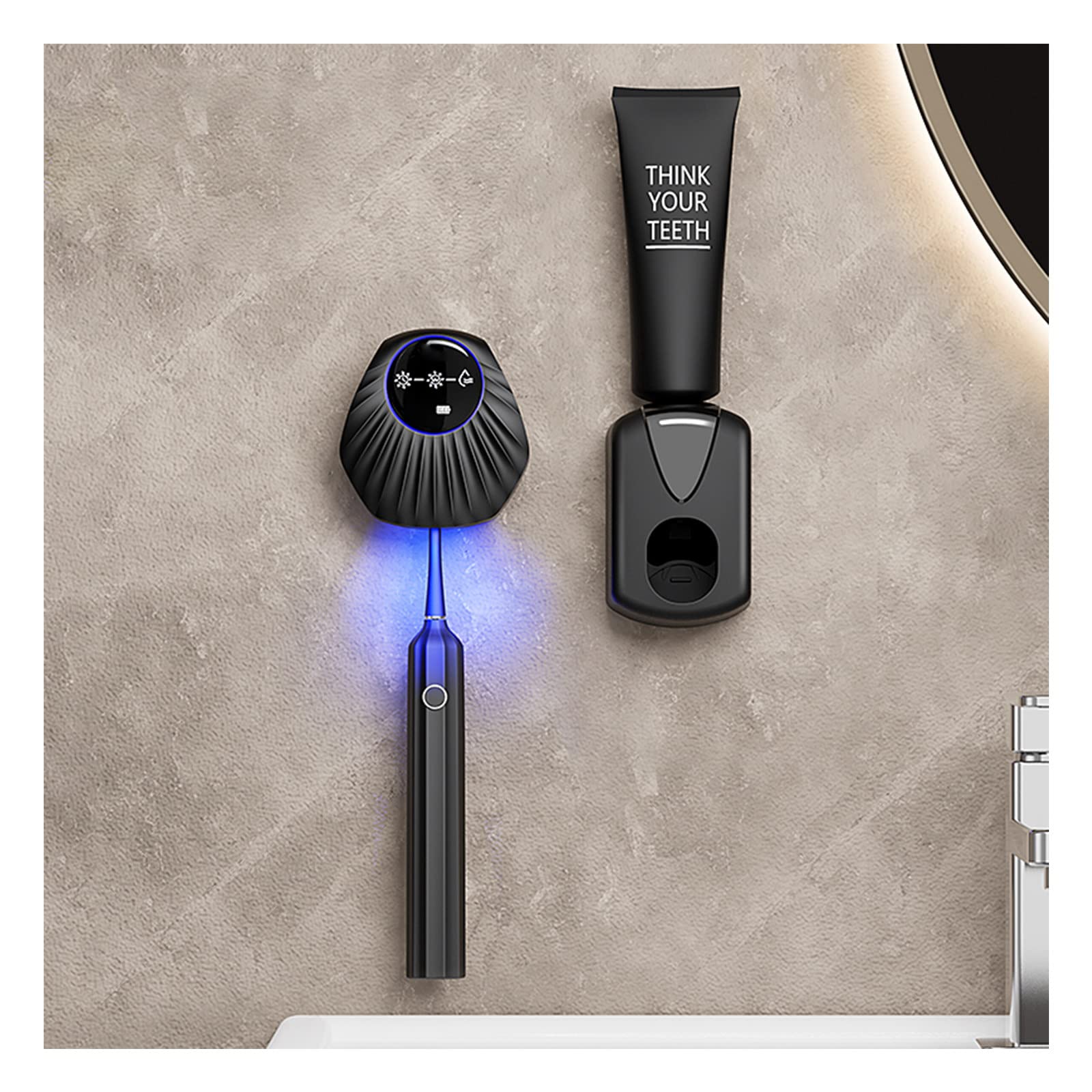 Porta Cepillo de Dientes, Soporte Cepillo de Dientes con Función Esterilizador Energía USB Recargable, Dispensador Pasta Dientes con Función de Secado, Organizador Baño, Negro