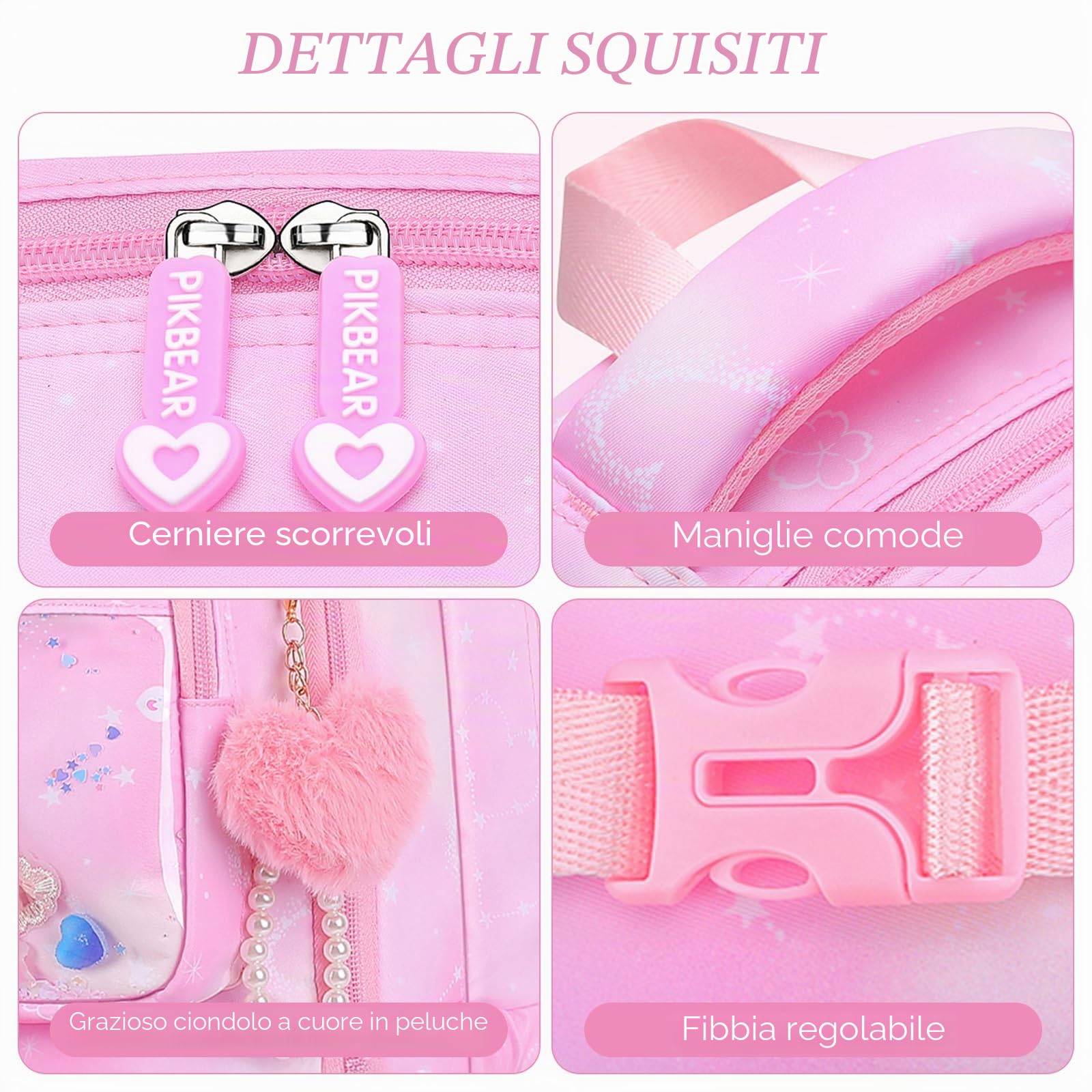 Amythe Zaino Scuola Elementare Bambina 3 Pezzi, Set Zaini Bambina Set 8-15 anni con Sacchetto per Pranzo e Astuccio per Matite, Kawaii Zainetto Ragazza, Rosa