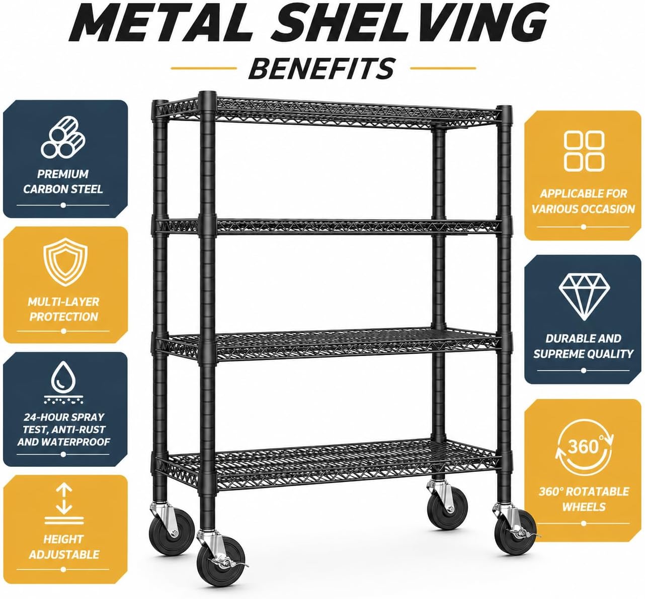 2640 lbs Heavy Duty Steel Shelving Unit, 4-Tier Adjustable Storage Rack with Wheels, Industrial Metal Shelf for Garage Warehouse, Black