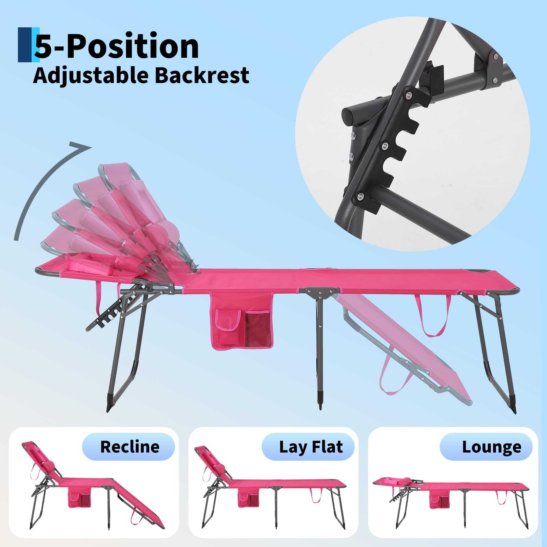 Garvee Bain de Soleil Transat de Plage Pliable Appuie-Tête, 5 Positions