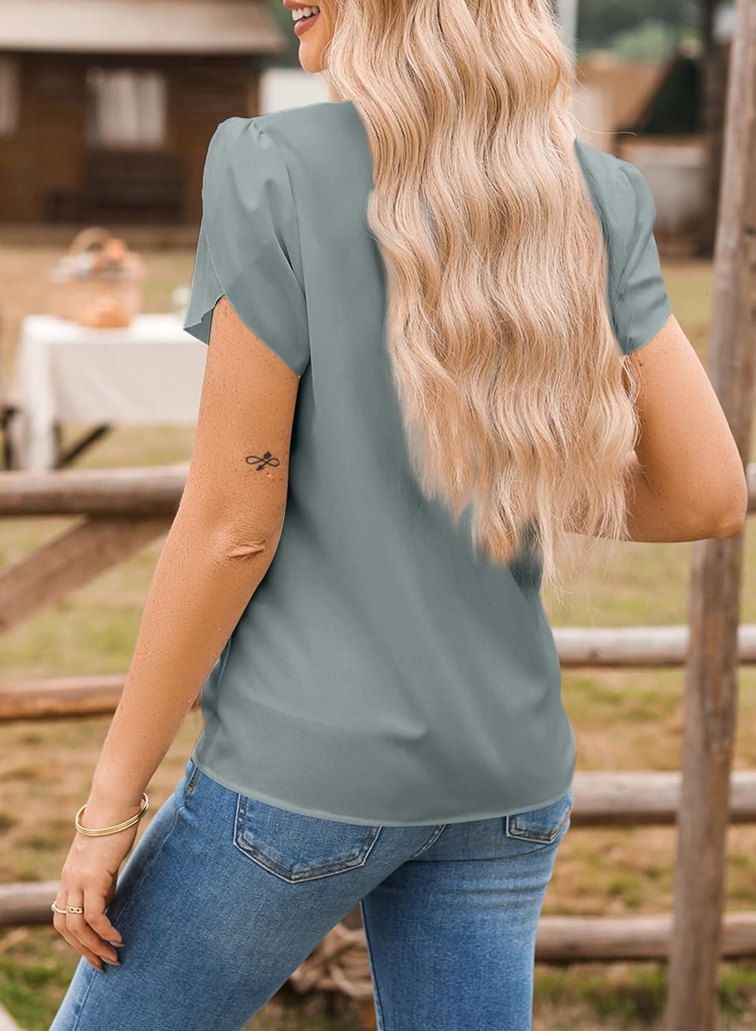 Astylish Women's Dressy Notched V Neck Tops Business Work Cap Sleeve Chiffon Blouse Shirts - Image 6