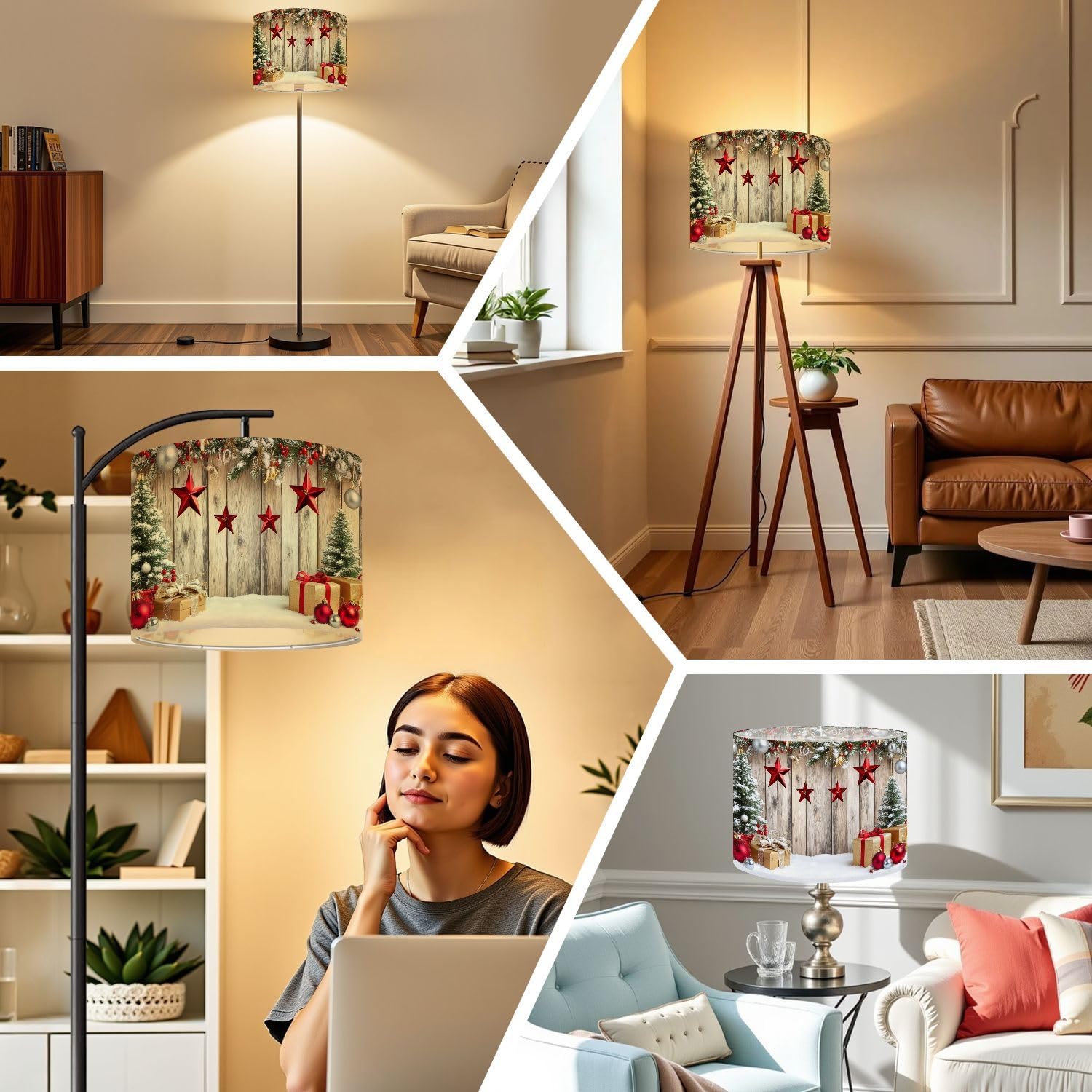 Drum Lamp Shades Christmas Wood Floor Winter Snow Xmas Tree Gift Family Party New Year Lampshade for Floor Lamps Table Lamp Pendant Light Linen 13"x13"x10" Replacement Large Lampshades
