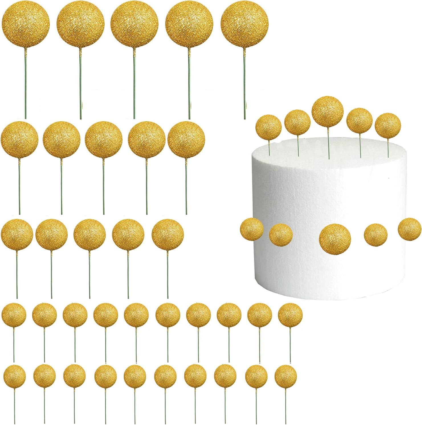 35 PCS Gold Disco Balls Cake Toppers Foam Ball Cake Picks Balloon
