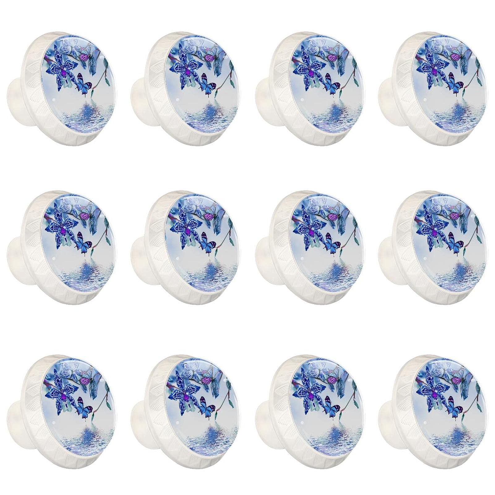 Boutons d'armoires de cuisine ronds motif orchidées et papillons - Lot de 12