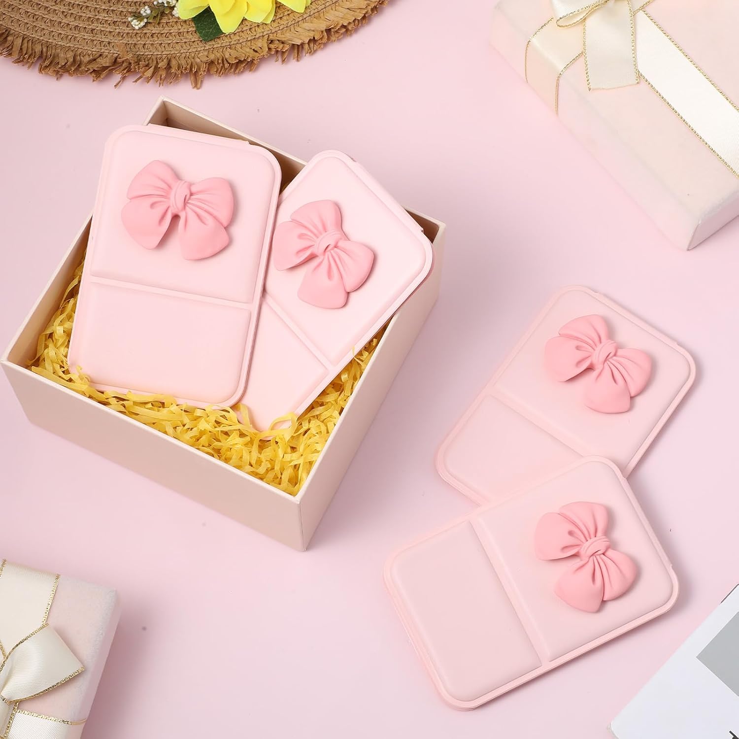 24 Pcs Bow Pink Compact Mirror Bulk for Women Birthday Bridal Shower Graduation, Pocket Small Mini Folding Mirrors for Bag Travel Team Party Favor Gifts