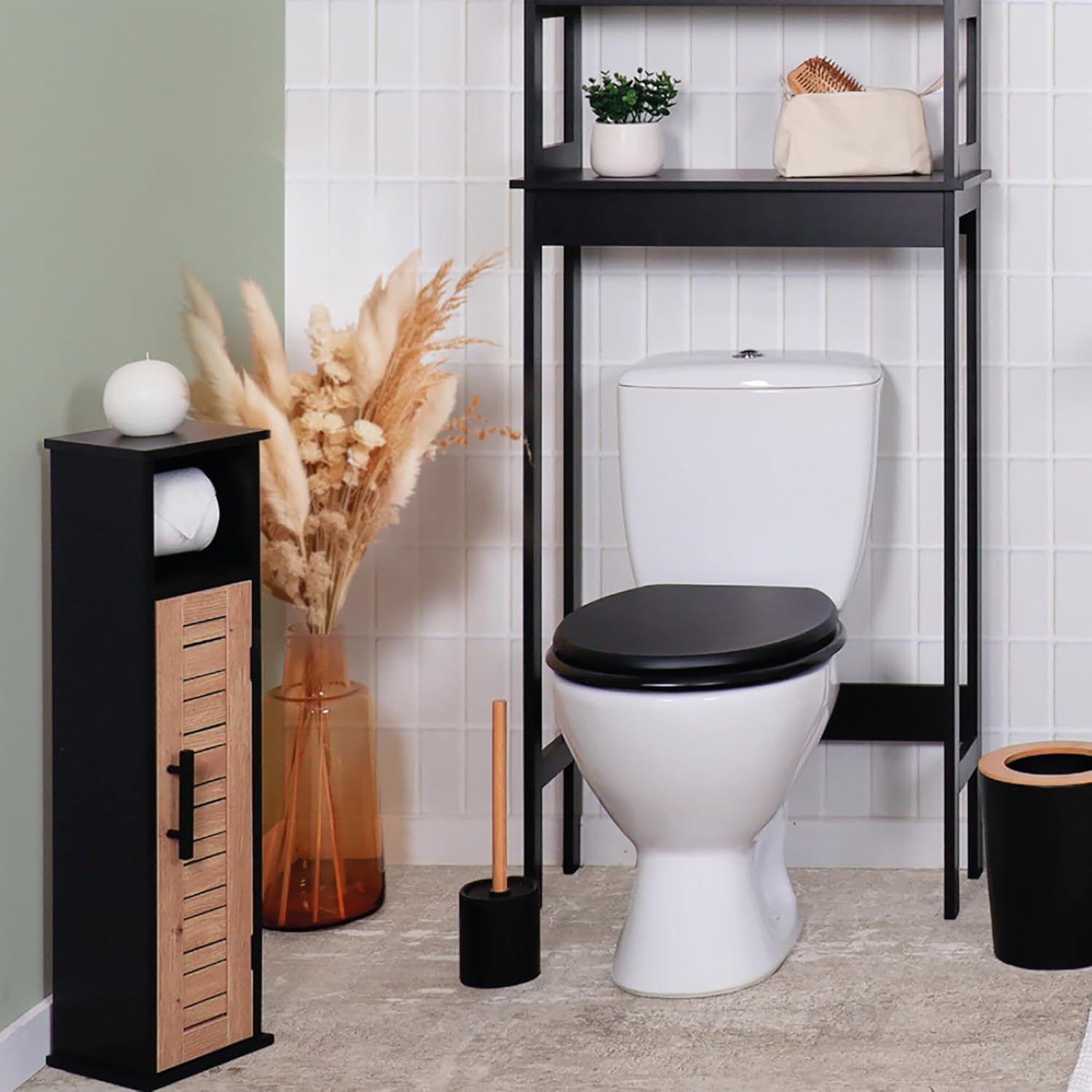 Compact Toilet Paper Storage Cabinet with Dispenser, Holds Up to 6 Rolls, Black and Brown - Bergen Collection
