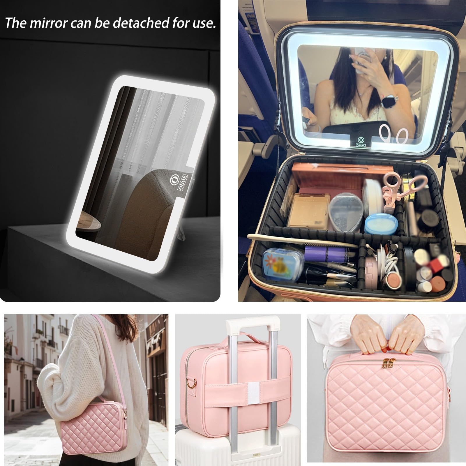 Borsa Per Il Trucco Di Grande Capacità Con Specchio LED, Custodia Per Il Trucco Professionale Con Luci A 3 Colori, Specchio Cosmetico Staccabile，Beauty Case Da Viaggio