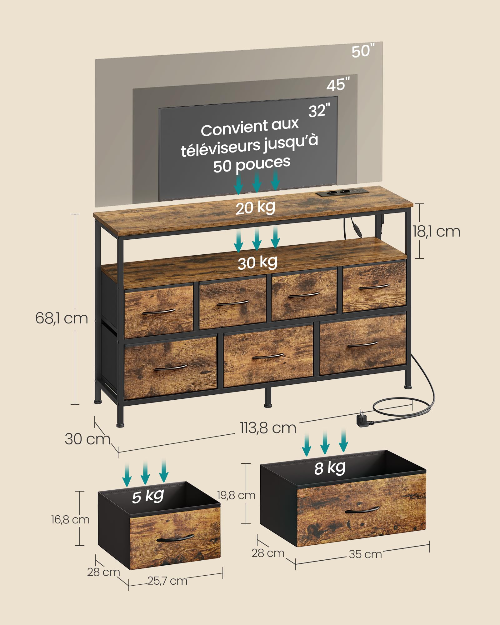 SONGMICS BELLAH Collection - Commode Chambre, Meuble de Rangement, Éclairage LED Réglable, Multiprise, 1 Étagère, 7 Tiroirs en Tissus, Style Industriel, Marron Rustique et Noir d’Encre LGS733KD01