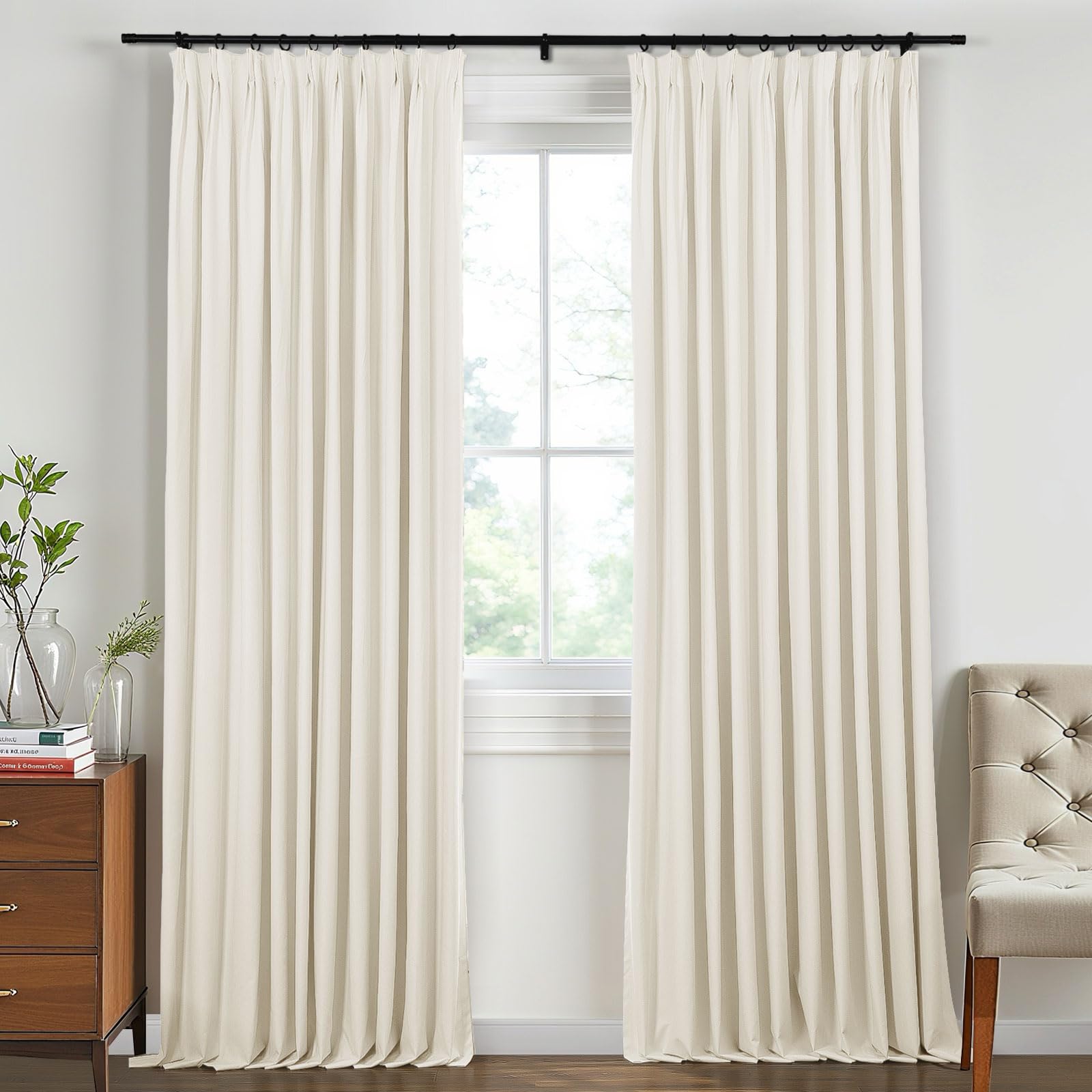 TWOPAGES Pinch Pleated Blackout Curtain Faux Linen 96 inch Long Curtain Soft Touch Coated Thermal Insulated Window Drape for Bedroom (Beige, 1 Panel,