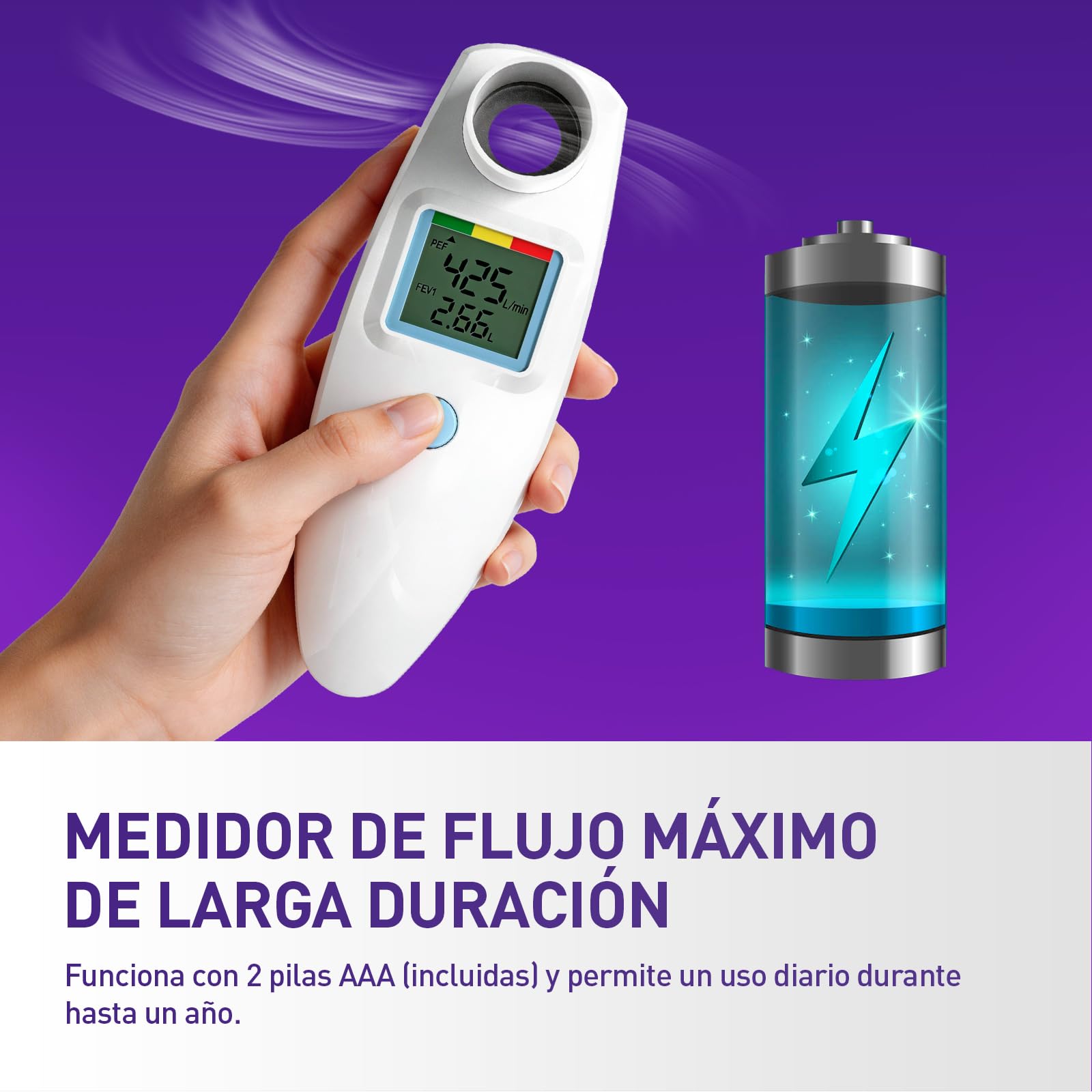 Medidor de flujo espiratorio, sin Bluetooth, para adultos y niños para monitorear la función pulmonar, LCD, espirómetro digital para asma, EPOC, PEF y FEV1, indicador de riesgo, formulario de diario