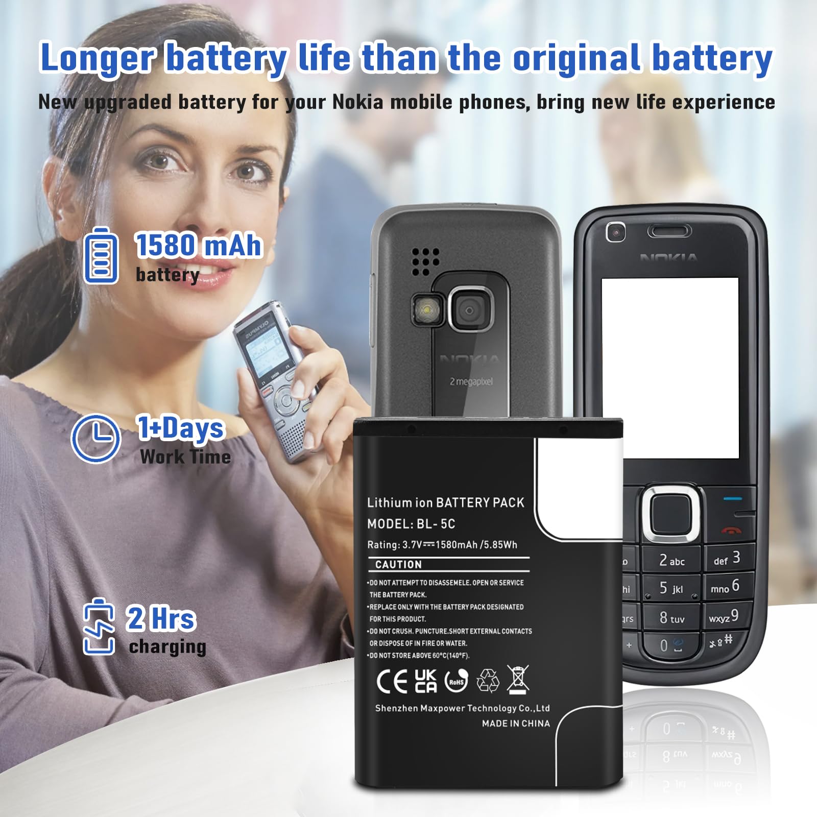 Batería BL-5C, batería de repuesto de iones de litio de alta capacidad de 1580 mAh para Nokia 1100, 1600, 2310, 3100, 3110, 3120, 5030, 6030, 6230, 6270, 6600, N70 y DIGITRADIO 1/2, TECHNIRADIO O RDR