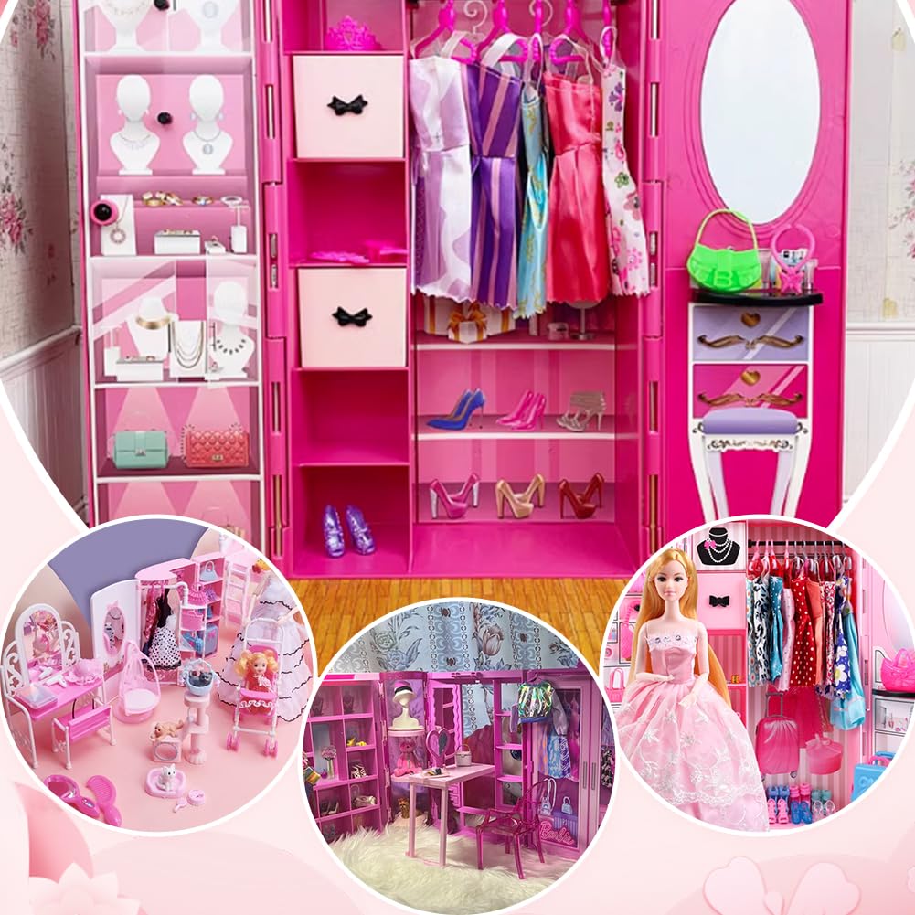 PH PandaHall Rosa Armadio per bambole mobili casa delle bambole guardaroba bambole organizer armadio con 40 pezzi 4 ganci di stile per casa delle bambole accessori per mobili regalo