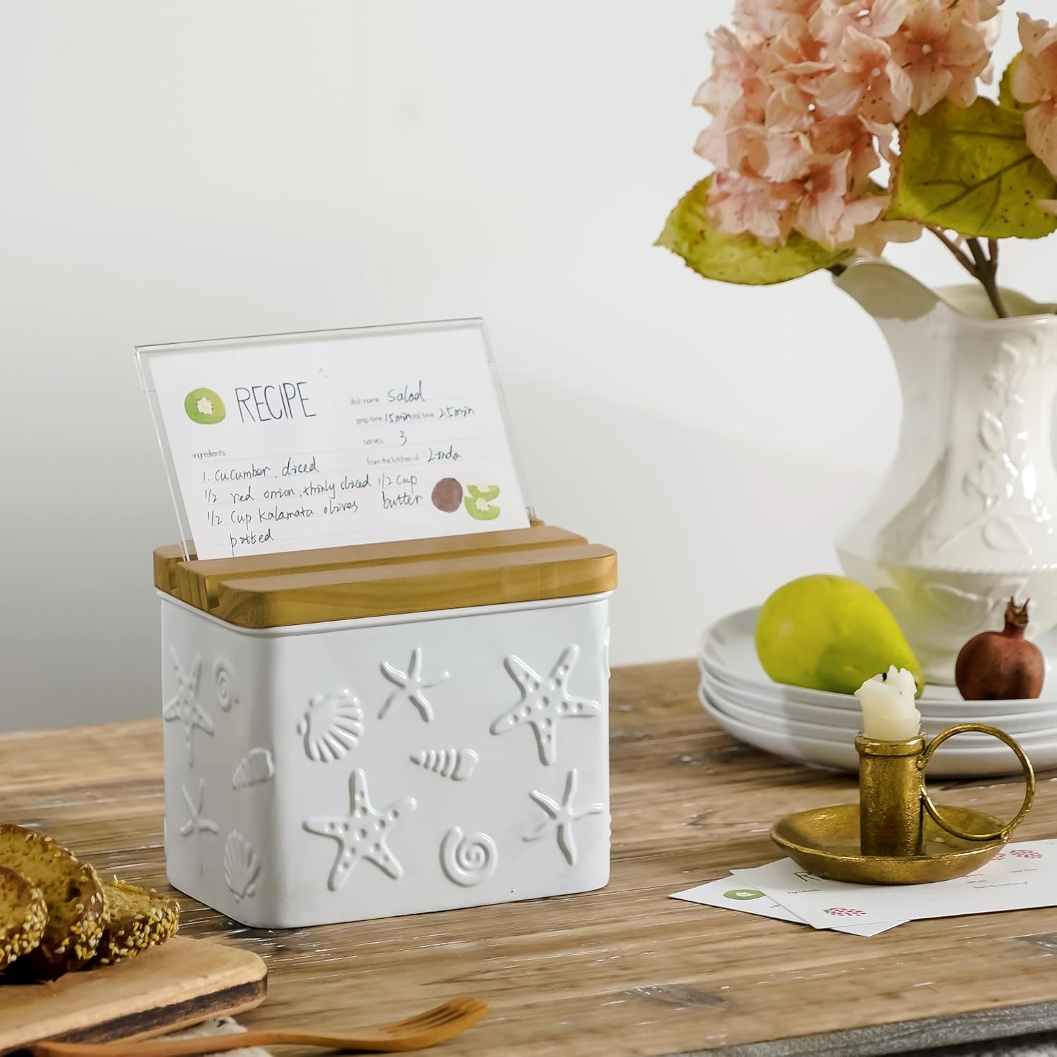 Recipe Box with Cards and Dividers Set 4x6 Recipe Holder for Kitchen Counter Metal White Starfish Pattern Embossed Recipe Card Box with Wooden Grooved Lid