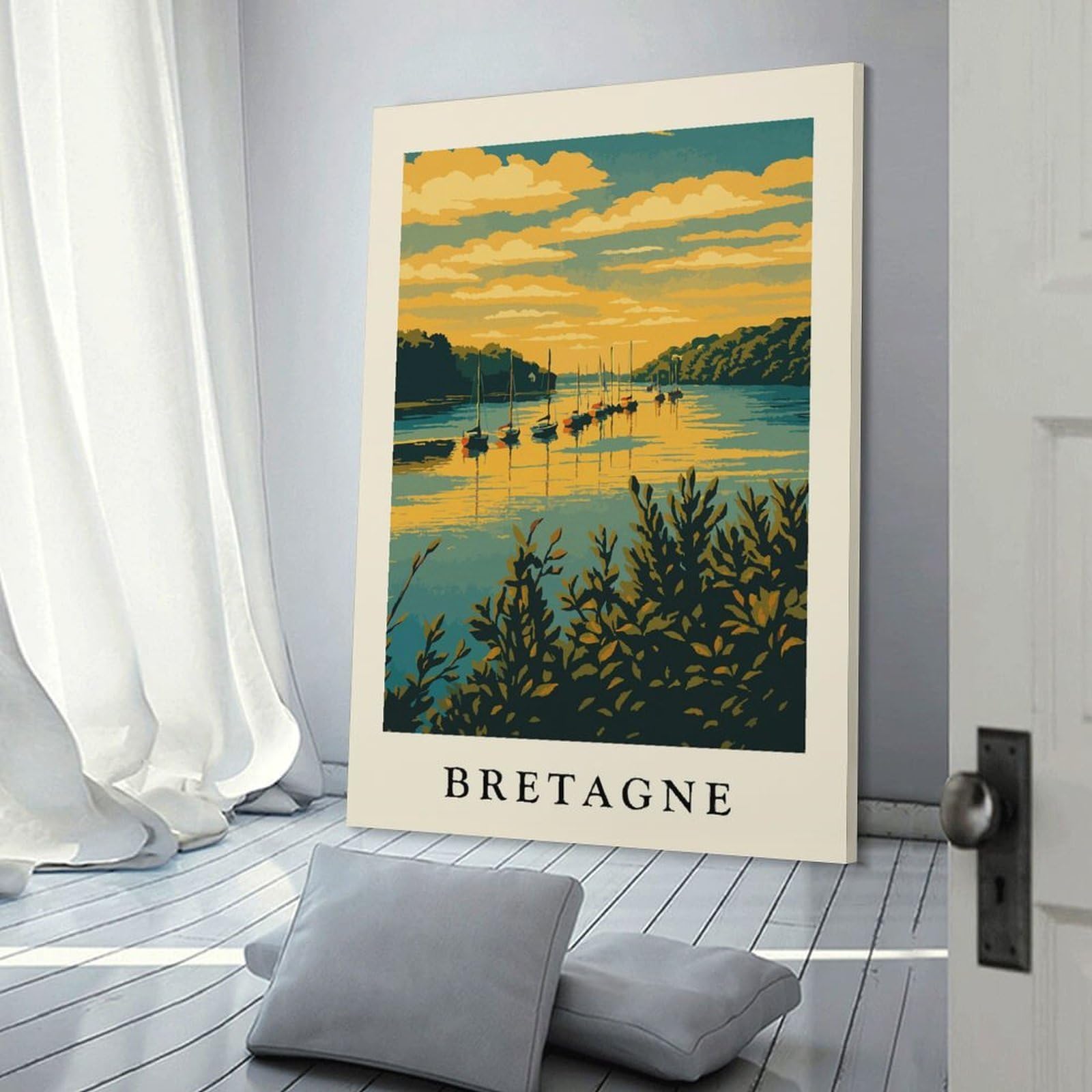 Junmoney Room Decor Wall Art Bretagne Coastal Scene with Sailboats, 20x30inch(50x75cm), for Living Room, Bedroom, Office Or Hallway, An Adaptable Decor Piece for Home Use
