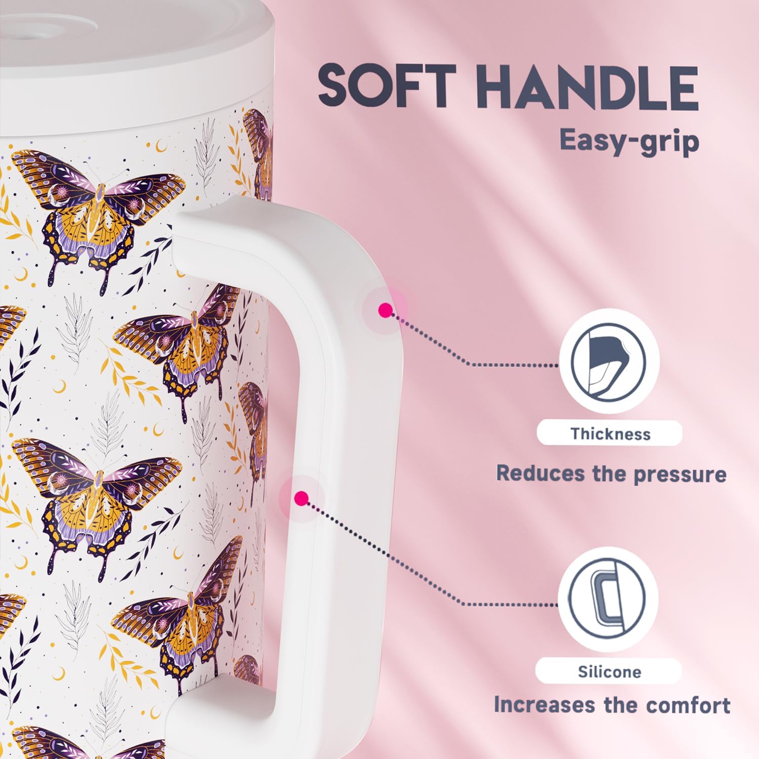 Meoky 40 oz Tumbler with Handle and Straw: Stainless Steel Insulated Tumbler with Lid and Straw - 100% Leak Proof Tumbler for Car Cup Holders - Travelers Commuters Workers, Flutterfly - Image 6