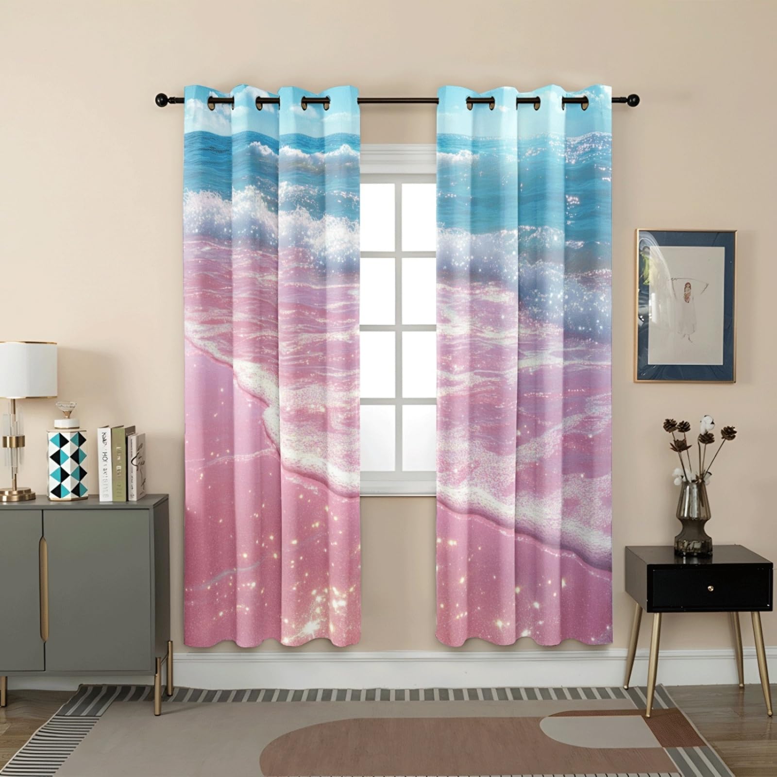 Curtain Rosa Himmelblau Gardinen Polyester Vorhang mit Ösen Blackout Curtain Waschbar Vorhänge mit Ösen Living Room Thermovorhang Schlafzimmer Verdunklungsvorhänge Blickdicht 2x140x160cm