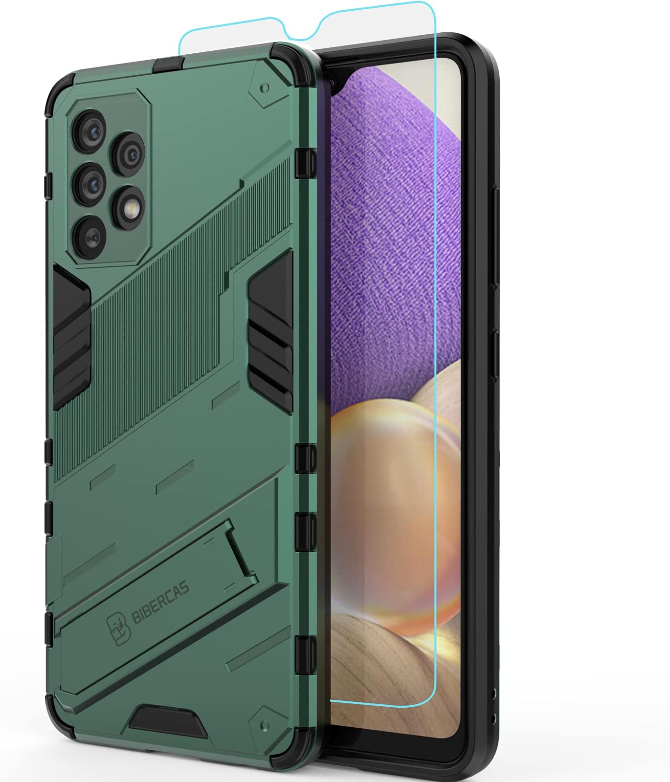 Vinve for Samsung Galaxy A32 4G Case with Screen Protector, [Not Fit for Samsung A32 5G], Cyberpunk Design [Two-Way Stand] [Military Grade] Protective Case (Blackish Green)