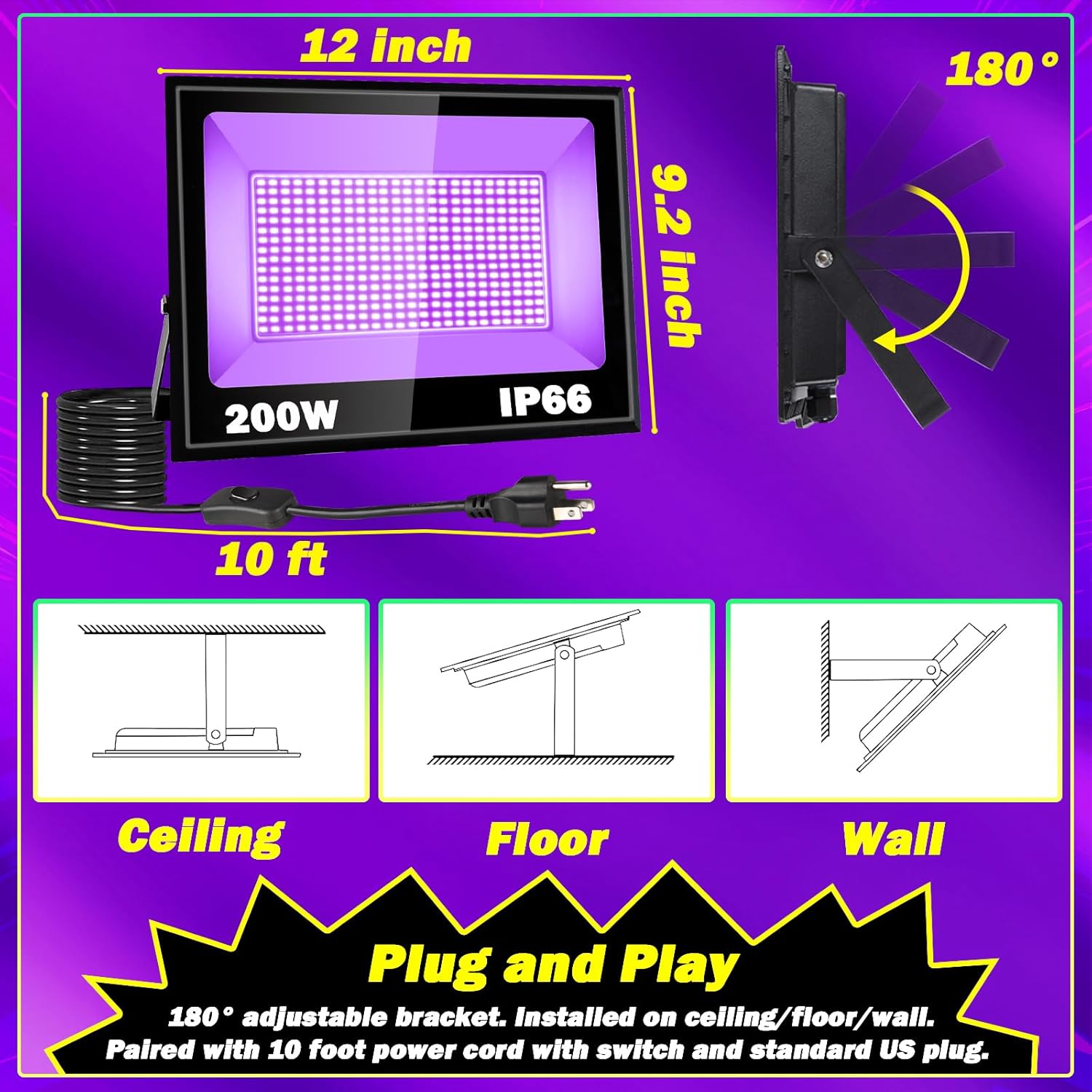 Paquete de 2 luces LED negras de 320 W, luz de inundación de luz negra con enchufe e interruptor, IP66 impermeable para exteriores, luz negra para