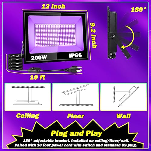 Miniatura 9 de Paquete de 2 luces LED negras de 320 W, luz de inundación de luz negra con enchufe e interruptor, IP66 impermeable para exteriores, luz negra para