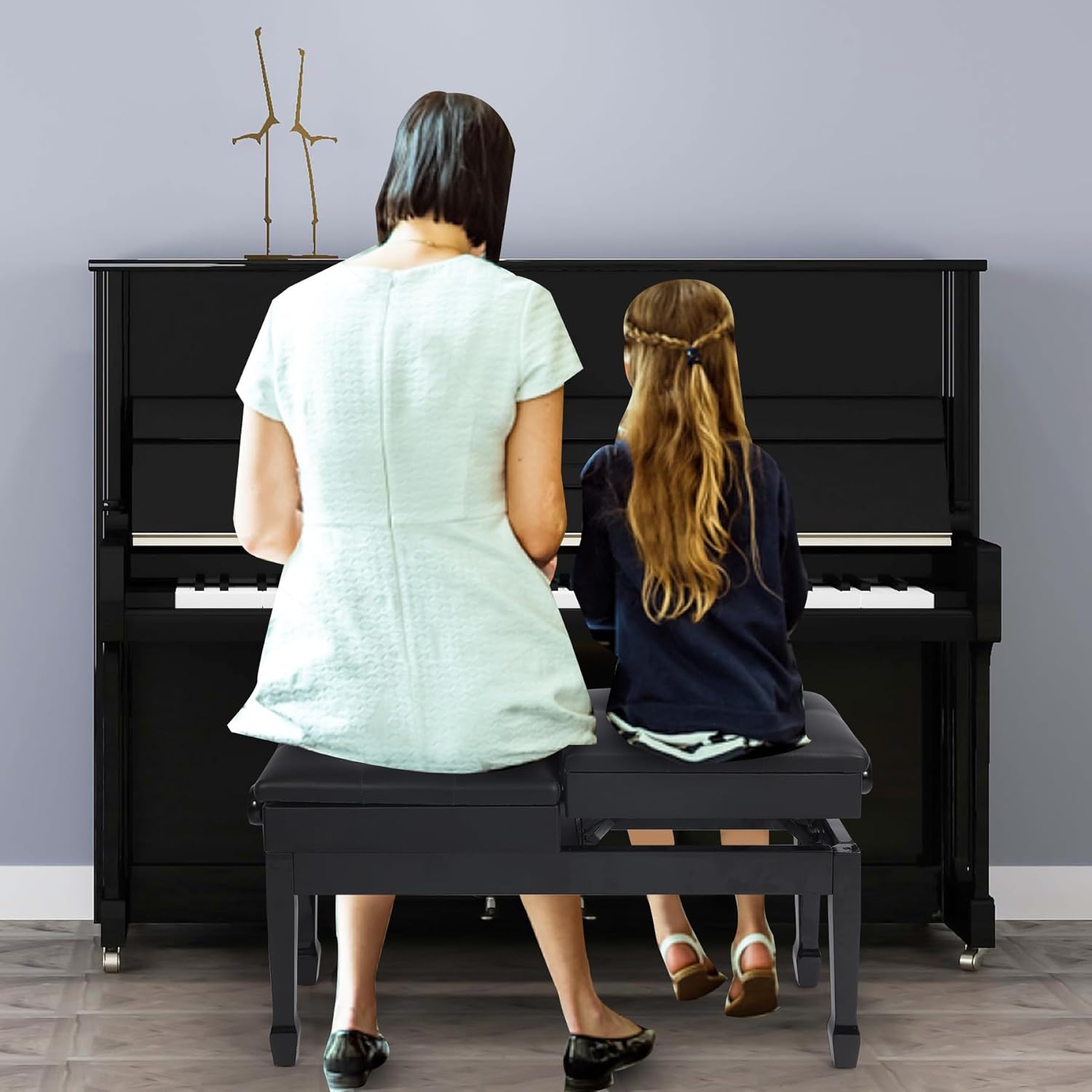 Longer Duet Piano Bench with Storage,Adjustable Heavy Duty Wooden Double Keyboard Piano Bench Seat with PU Leather Cushion, Black
