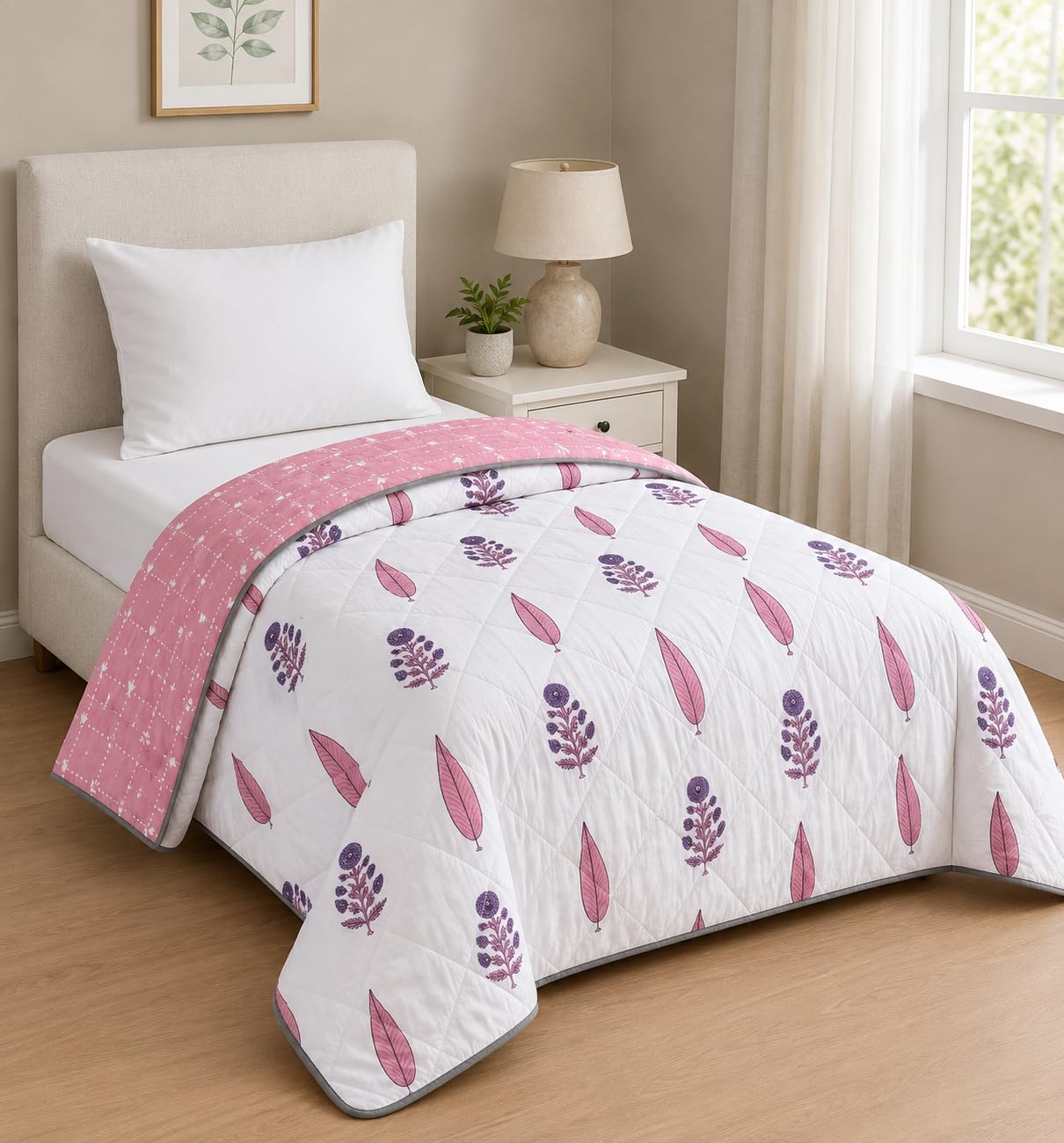Amazon Brand - Umi 100% Cotton Razai Single Bed 57 x 87 Inches | Reversible Cotton Quilt for AC & Mild Winter | Soft Breathable Comforter | Printed Floral Design | Machine Washable-image-29