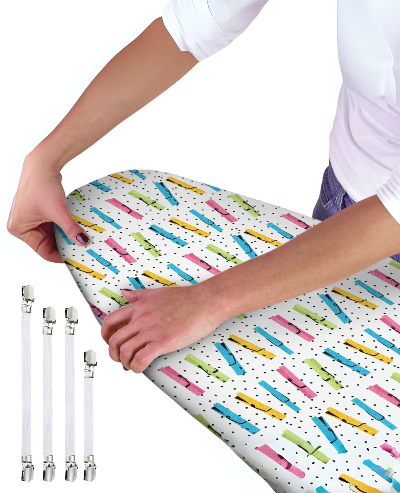 Ironing Board Cover - Universal Fit - 120 x 40cm + 4 pack Ironing Board Fitting Clips (MultiColour Pegs)