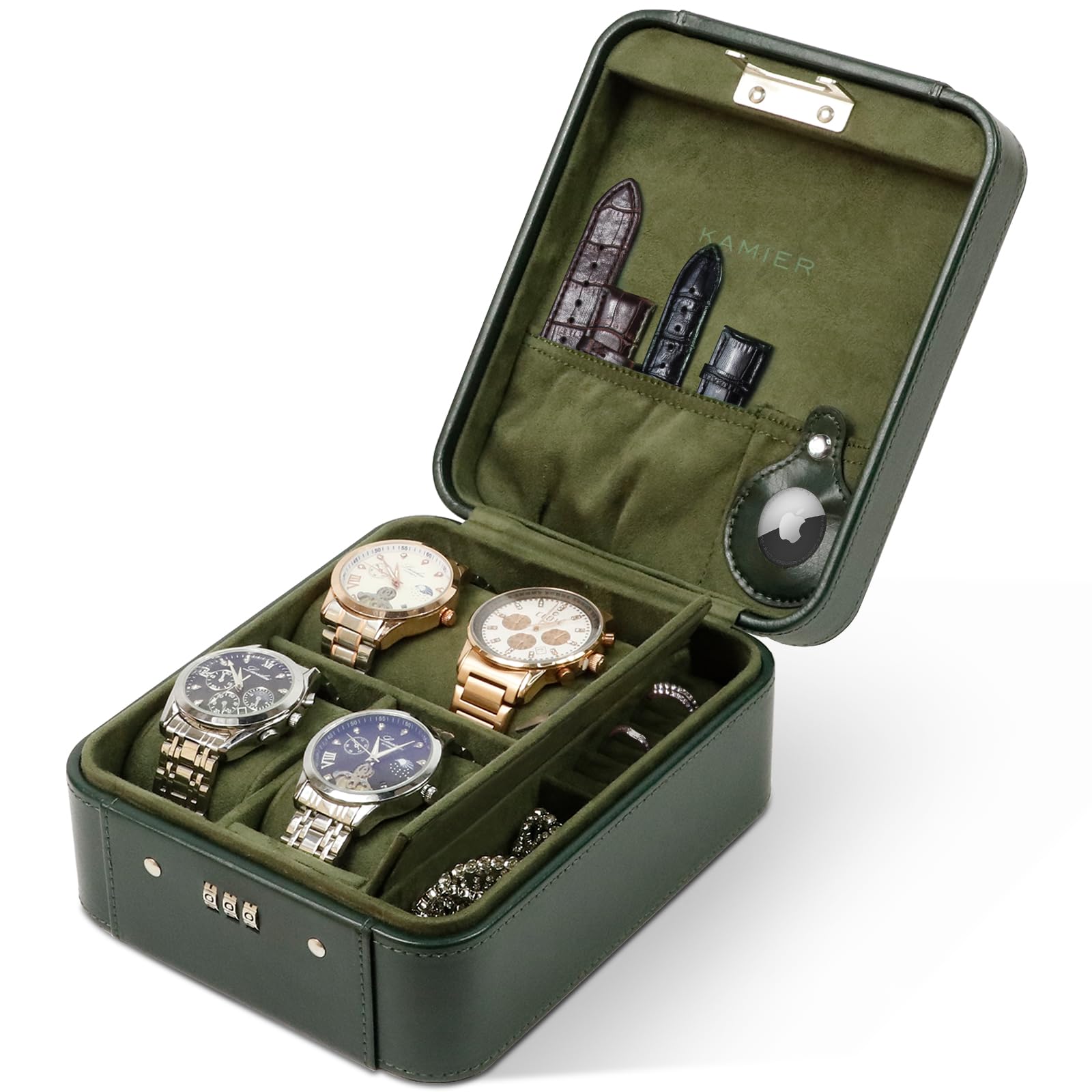 KAMIER Uhrenbox 4, Uhrenbox Herren und Damen, Mechanisches Zahlenschloss, Ringe und Uhrenkasten Herren Aufbewahrung Organizer, PU Leder Reise Watch Case, Weihnachtsgeschenke,(With Gift Box) Grün