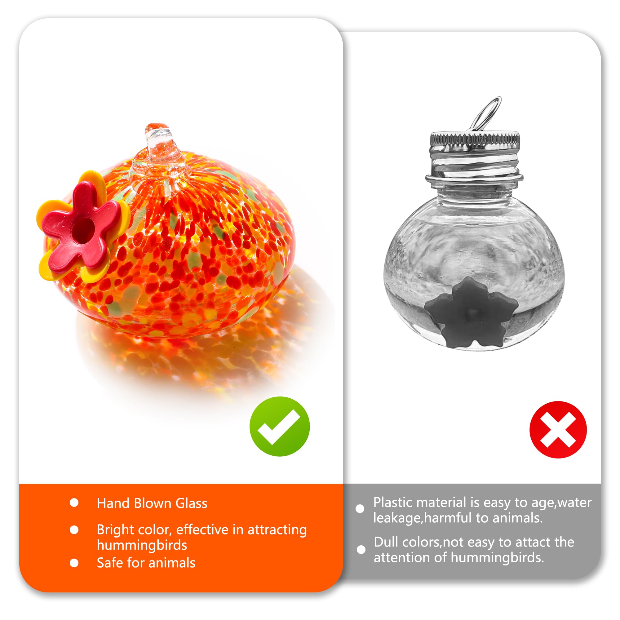 2 comederos de colibrí de vidrio soplado para colgar al aire libre, resistentes a hormigas y abejas, comedero de pájaros hecho a mano, decoración de jardín, regalo para mujeres, paquete de comederos