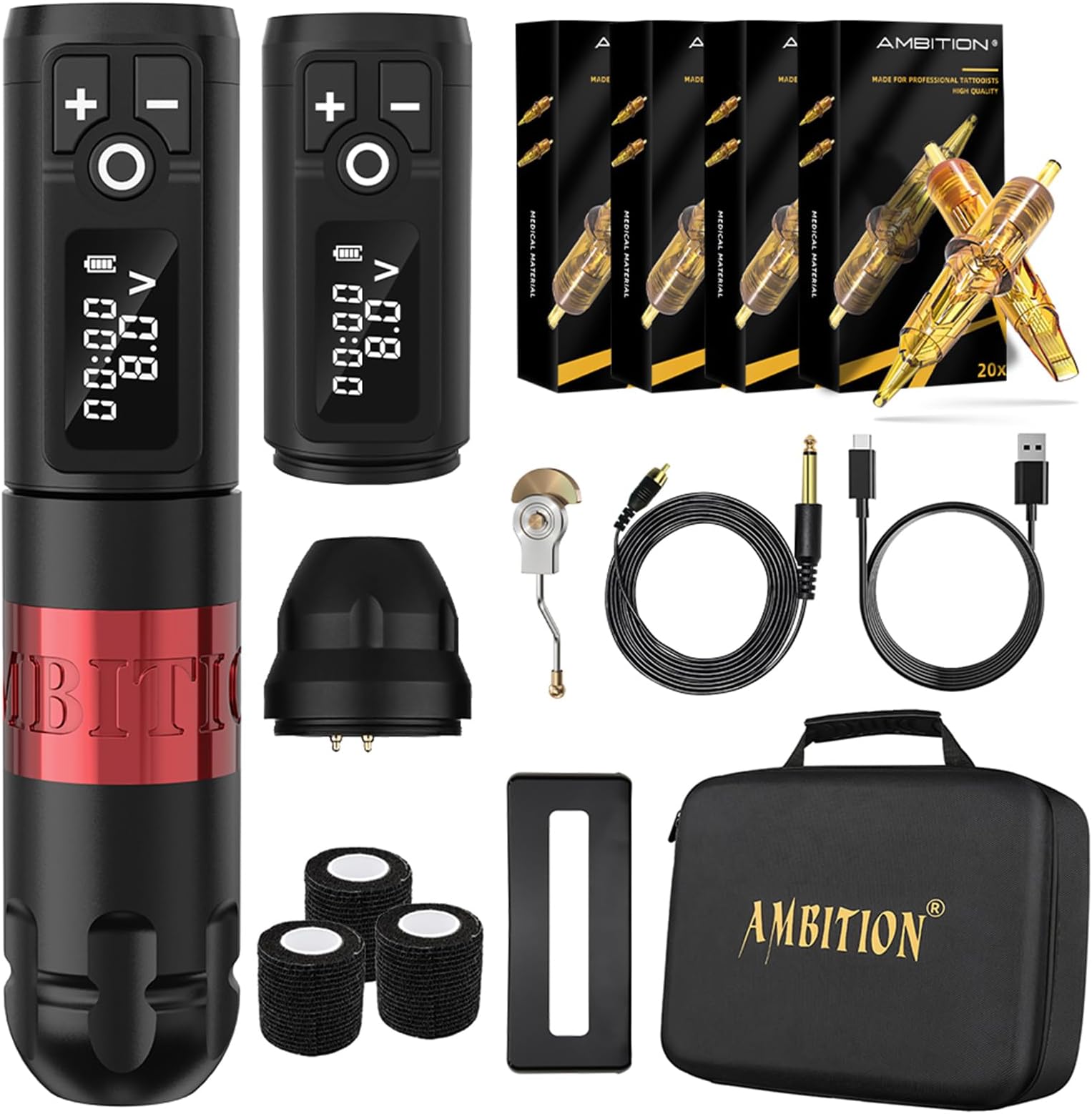 Ambition Soldier Wireless Tattoo Machine Kit Complete Rotary Coreless Motor Tattoo Pen Kit with Extra 2400mAh Battery 80pcs Glory Mixed Size Cartridge Needles Supply for Professional Tattoo Artist