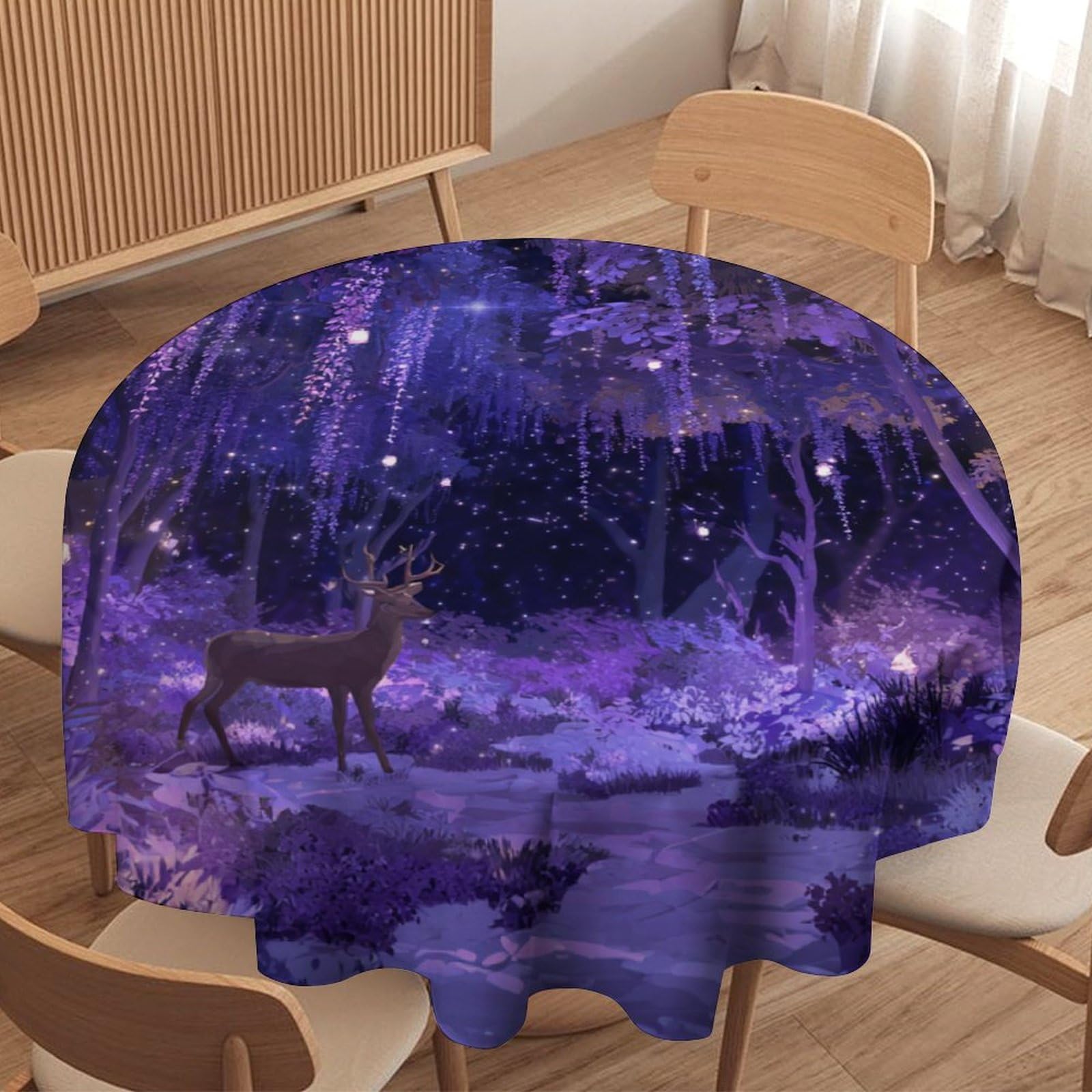 LUYYSKY Colorful Beautiful Animal Elk Waterproof Round Tablecloth Fantasy Watercolor Purple Galaxy Enchanted Forest Forest Pattern Washable Table Cover for Kitchen-177.8" Wx177.8 L cm
