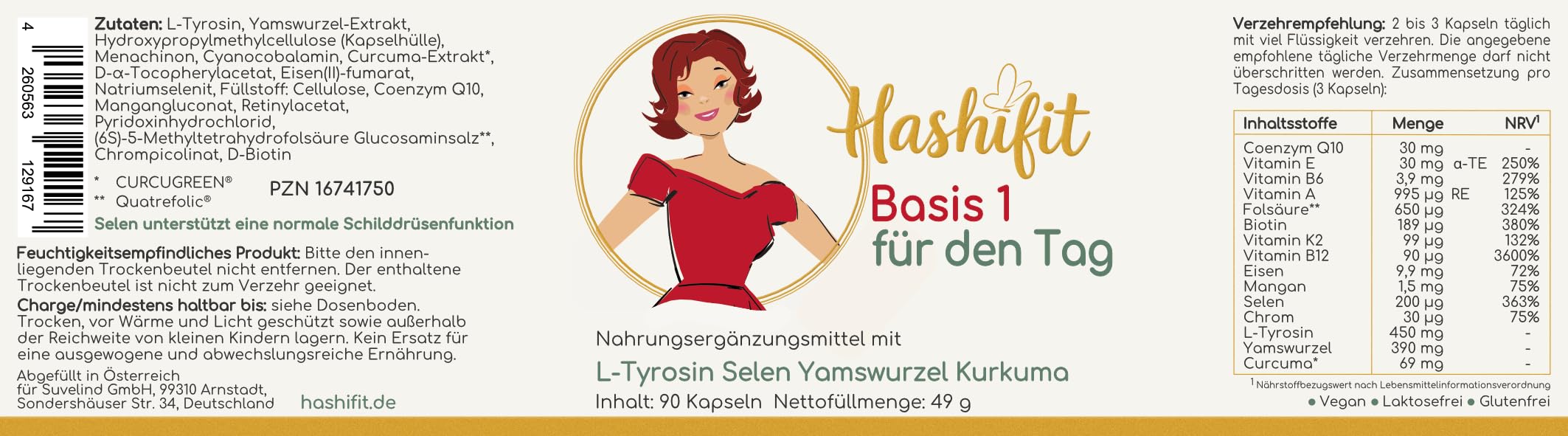 Basis 1, Schilddrüse Komplex mit Selen, L-Tyrosin Yamswurzel Kurkuma und mehr, Wechseljahre Kapseln, Hashimoto Kapseln – Energie und Wohlbefinden, hochdosiert vegan, ohne Jod, Monatspackung | 200 µg Selen + 450 mg L-Tyrosin, Q10 & B6 – jodfrei, vegan, 15