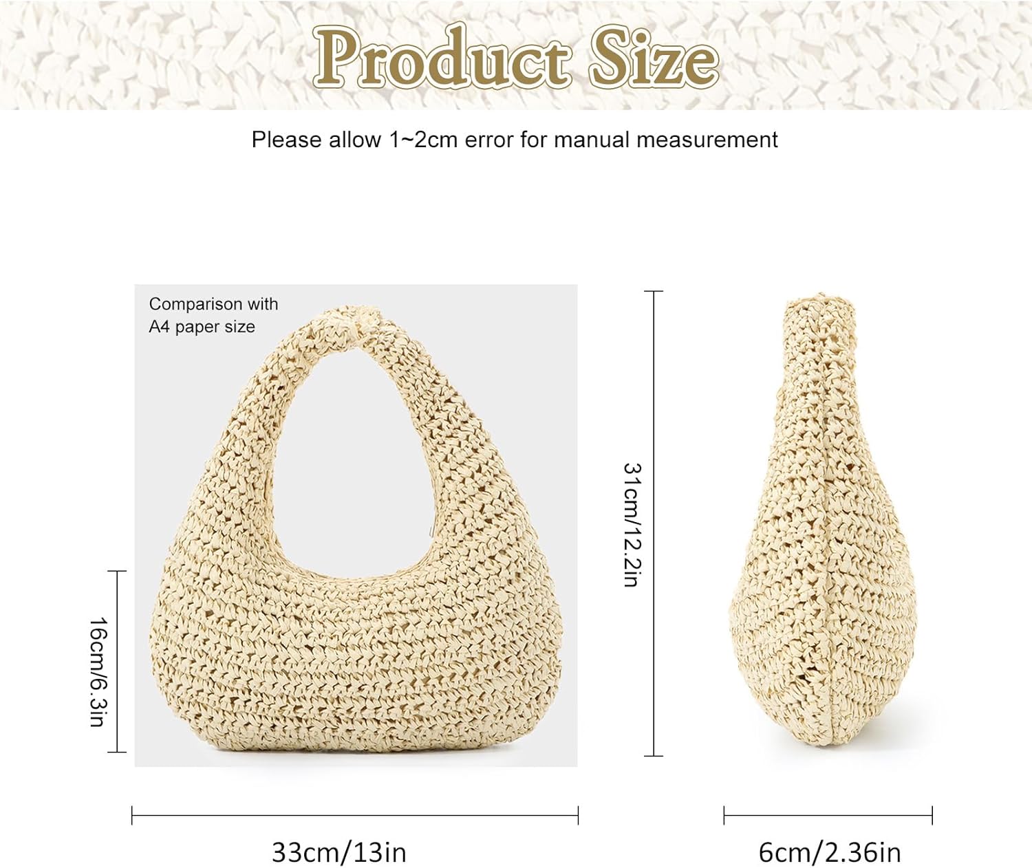 Fecialy Straw Bag for Women Crescent Shoulder Handbag Straw Summer Beach Tote Handbag Raffia Woven Hobo Bag - Image 3