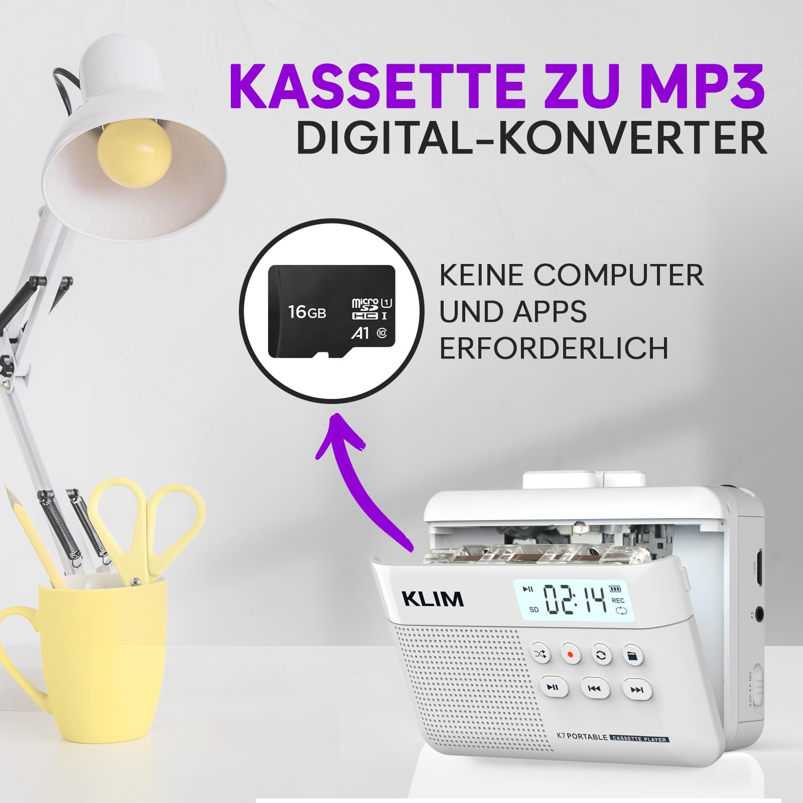 Kassettenspieler - Kassettenrekorder - Cassette Gerät - Kassetten Digitalisieren - Tragbarer Kassettenrekorder - Mikrofon & Lautsprecher - Wiederaufladbarer Aufladbar - Stereoausgang - 16GB SD-Karte