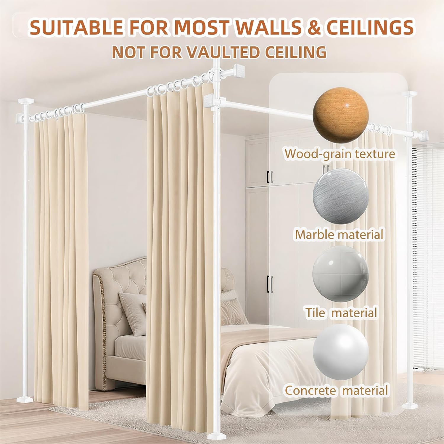 Room Divider No Drilling Curtain Rod Wall Divider for Room Separation, 4-10ft(H) 28-140inch(W) Adjustable Temporary Privacy Wall Divider, Heavy Duty Partition Separator Freestanding Tension, White