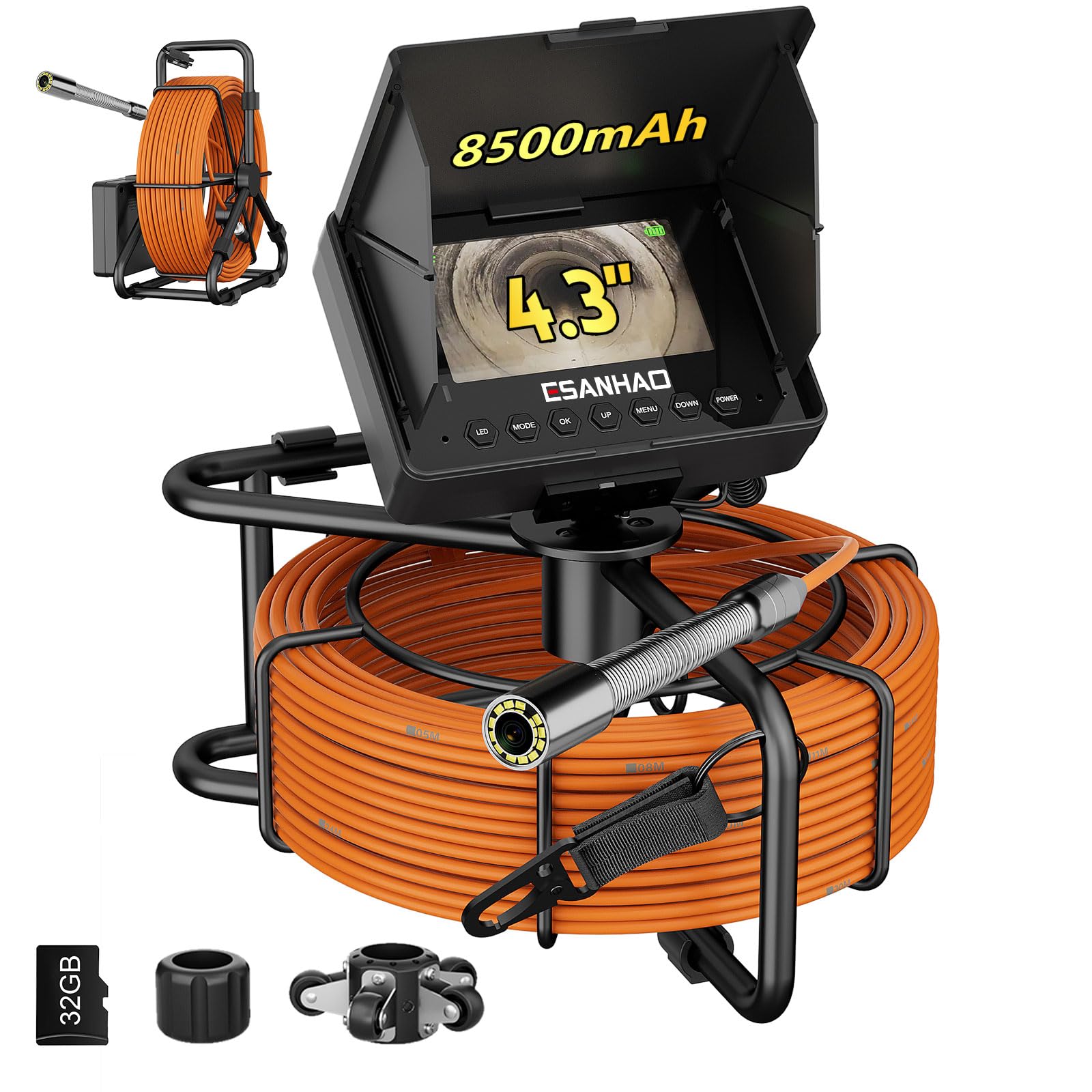 Cámara de Inspección, 4,3" Cámara para Tuberías con Función DVR, Snake Camara con Batería de 8500mAh y Marcadores de Metros, 23mm Endoscopio Industrial con 12 Luces LED (30M)