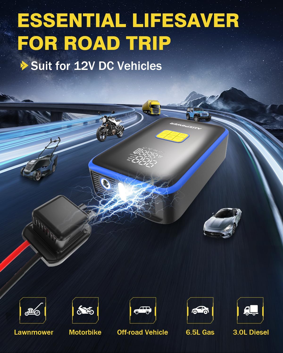 Auxpower Jump Starter with Air Compressor,3000A Portable Car Jumper 160PSI Tire Inflator, 12V Jump Box for 6.5L Gas/3.0L Diesel Engine,Battery Jump Starter with 60W Type-C Quick Charger, 3 Modes light