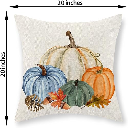 Miniatura 230 de Juego de 2 fundas de almohada de otoño de 18 x 18 pulgadas, hojas de arce de calabaza y búfalo a cuadros, decoración de otoño, de lino, Acción