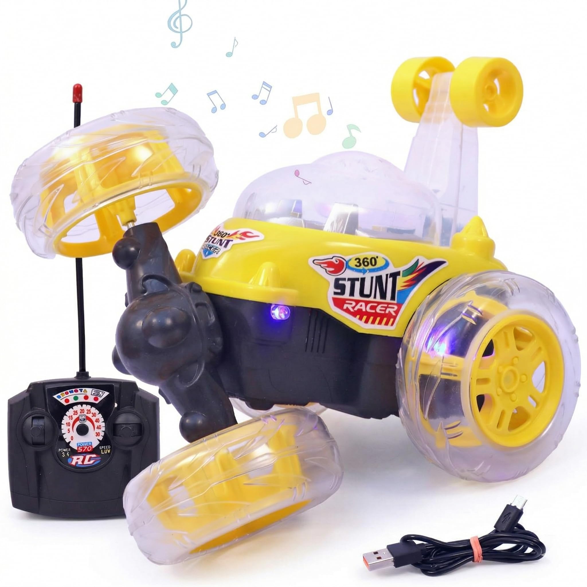 Remote Control Rechargeable Battery Stunt Car 360° Rotating Rolling RC Car with Lights & Music, 2AA Battery Remote (Not Included), Electric Race Car Toy for Kids Boys Girls Indoor Outdoor (Yellow)-image-45