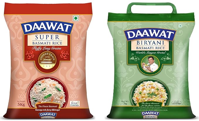 Daawat Biryani, World's Longest Grain, Aged Basmati Rice, 5 Kg & Daawat Super, Perfectly Aged, Long Grain with Rich Aroma Basmati Rice, 5 Kg