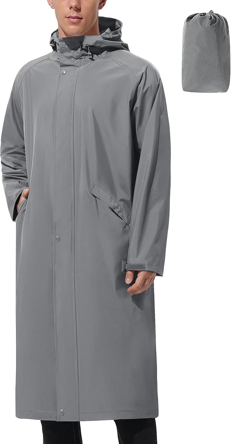 UIQUR Men's Long Rain Jacket Windbreaker Waterproof Lightweight Packable Running Hiking Cycling Golf Rain Coat with Hood