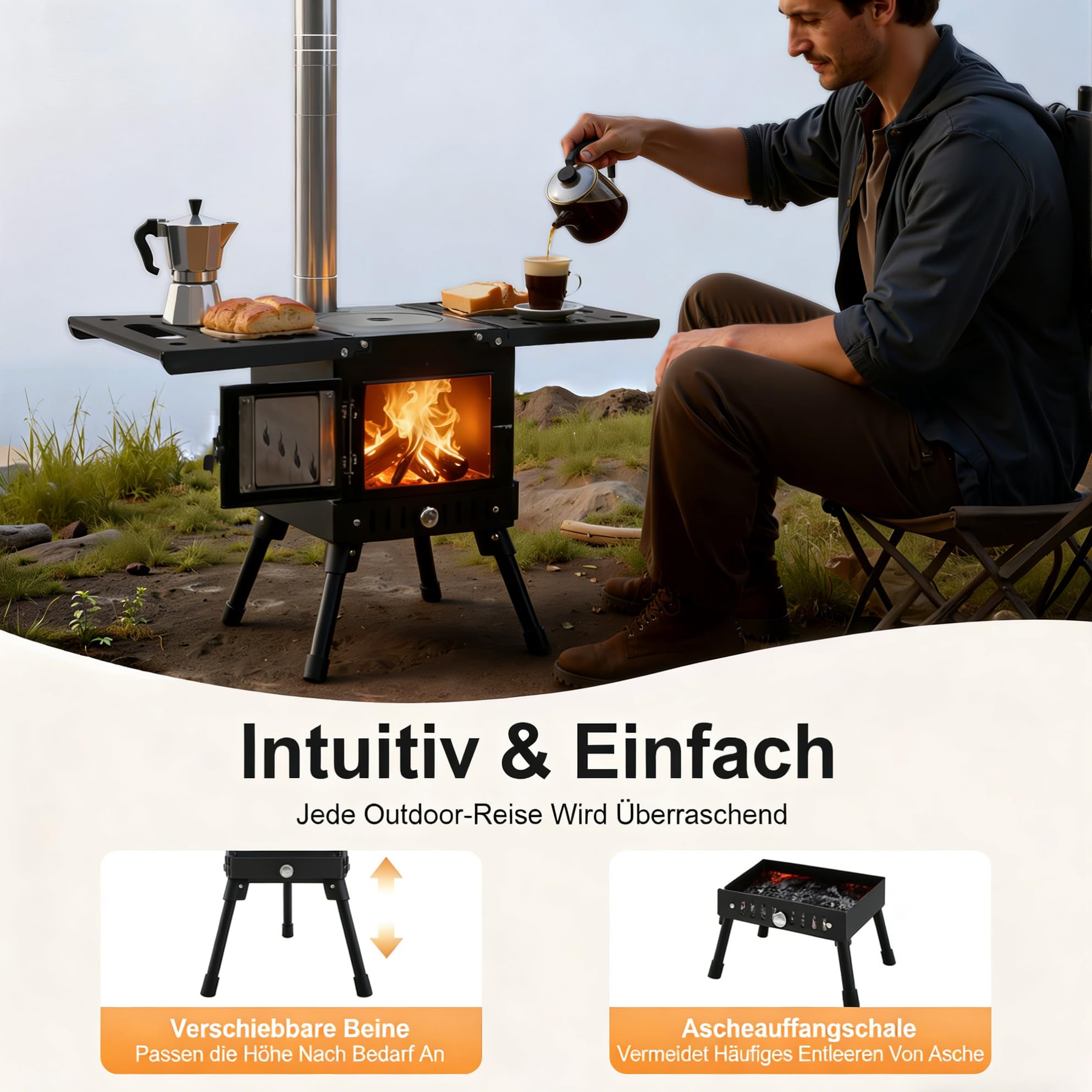 Stufa a legna portatile per tenda, stufa pieghevole per campeggio outdoor, camino, tenda con tubi del camino, stufa da campeggio, stufa da officina, cucina da campeggio outdoor