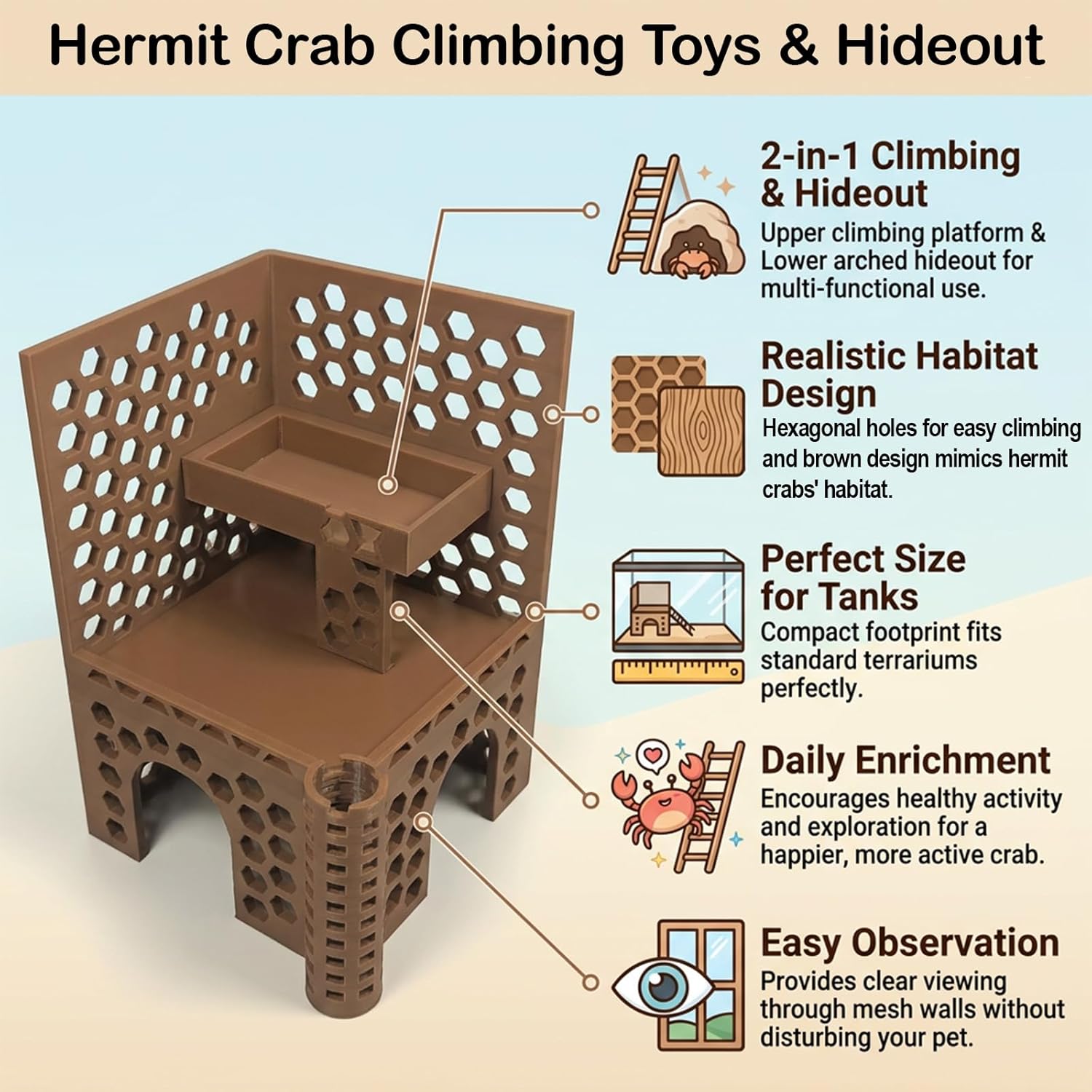 Hermit Crab Climbing Toys and Hideout,Multi-Functional Climbing Wall & Habitat Tank Accessories | Dual-Tower Hermit Crab Foraging Cave with Feeding Dish,Hermit Crab Climbing Habitat and Enrichment